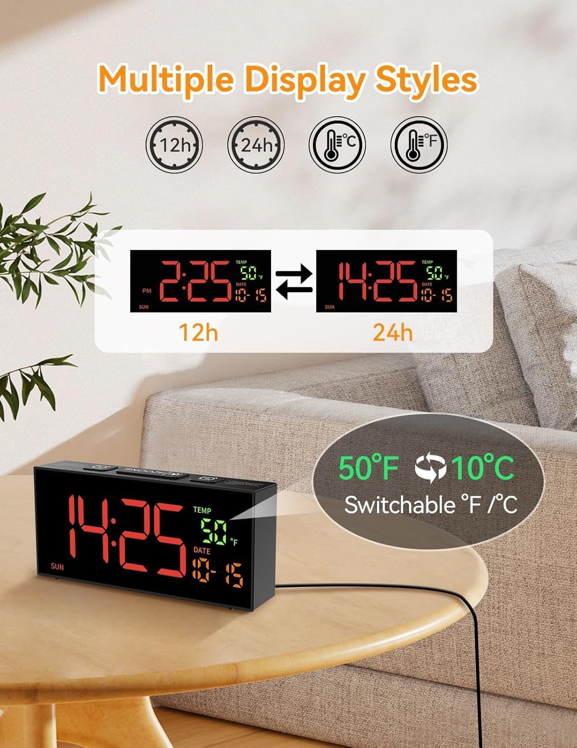 Netzu alarm clock displaying time in 12-hour and 24-hour formats.