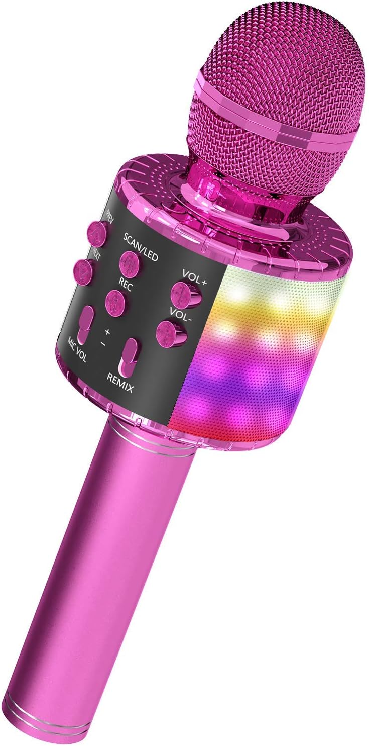 OVELLIC Karaoke Microphone for Kids, Wireless Bluetooth Karaoke Microphone with LED Lights, Portable Handheld Mic Speaker Machine, Gifts Toys for Girls Boys Adults All Age (Pink/Purple Plus)