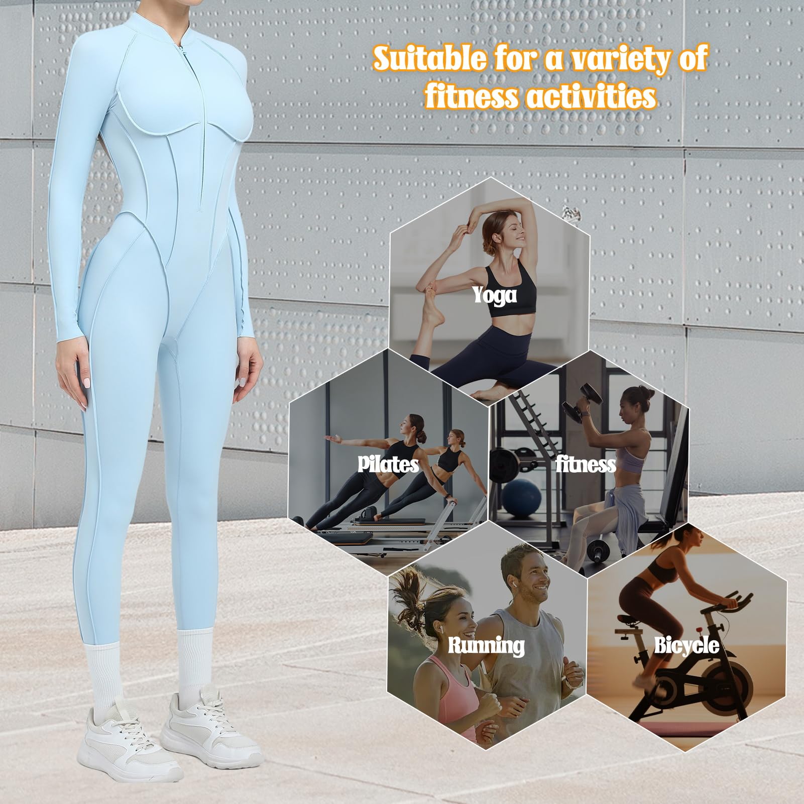 Damen Sport Jumpsuit Lang Eng Yoga Overall Langarm V-Ausschnitt Playsuits Mit Reißverschluss Jogging Strampler Hosenanzug Trainingsanzug