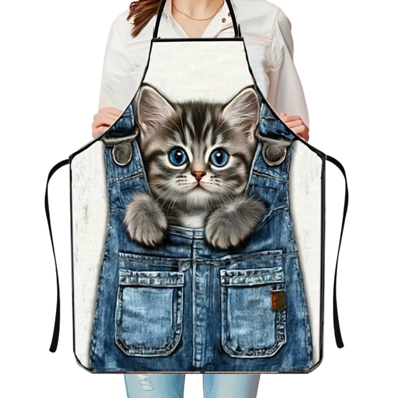 xueneige Novelty 3D Denim Overalls Kitten Apron, Funny Waterproof Cooking Apron for Cat Lovers Women Kitchen Daily Use Gifts