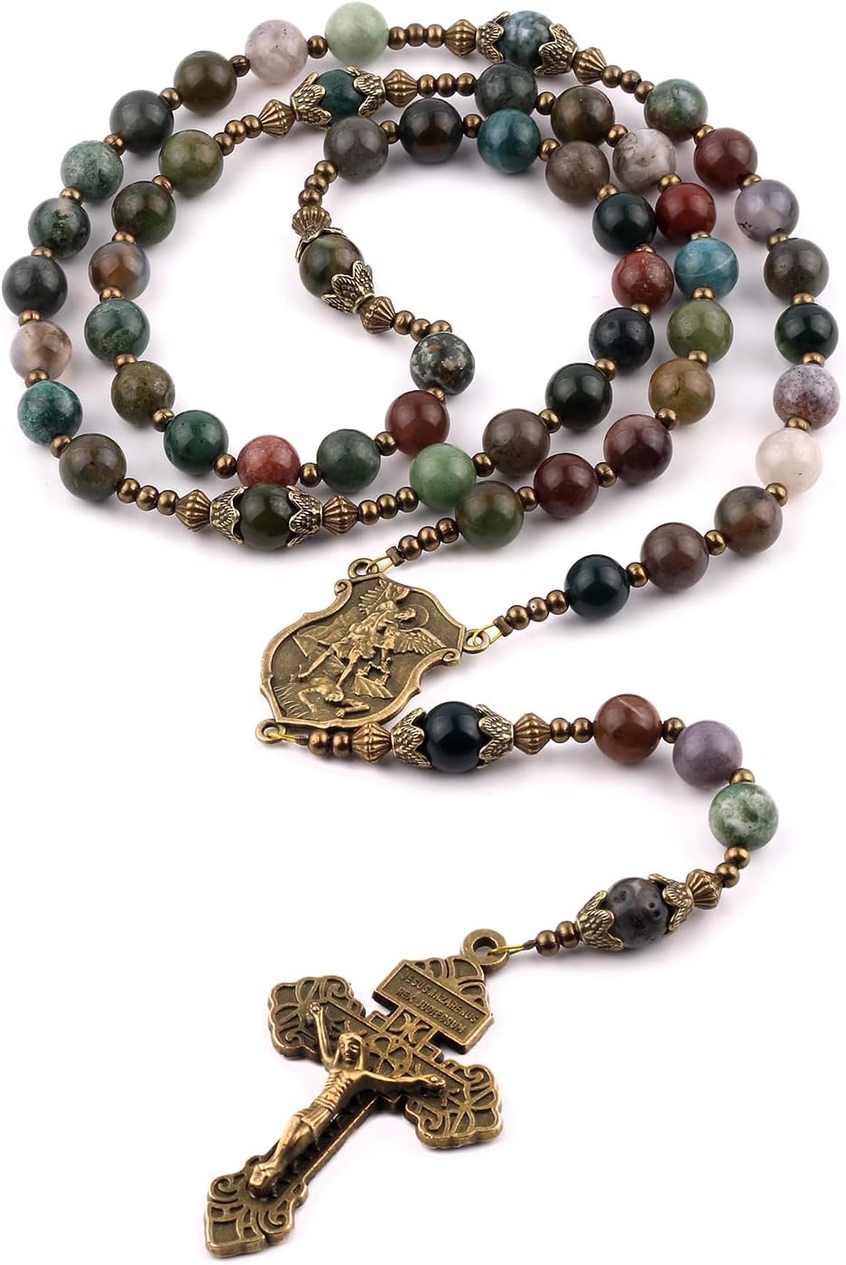 8mm Natural Stone Beads Large Rosary with Caps Miraculous Medal and Pardon Crucifix