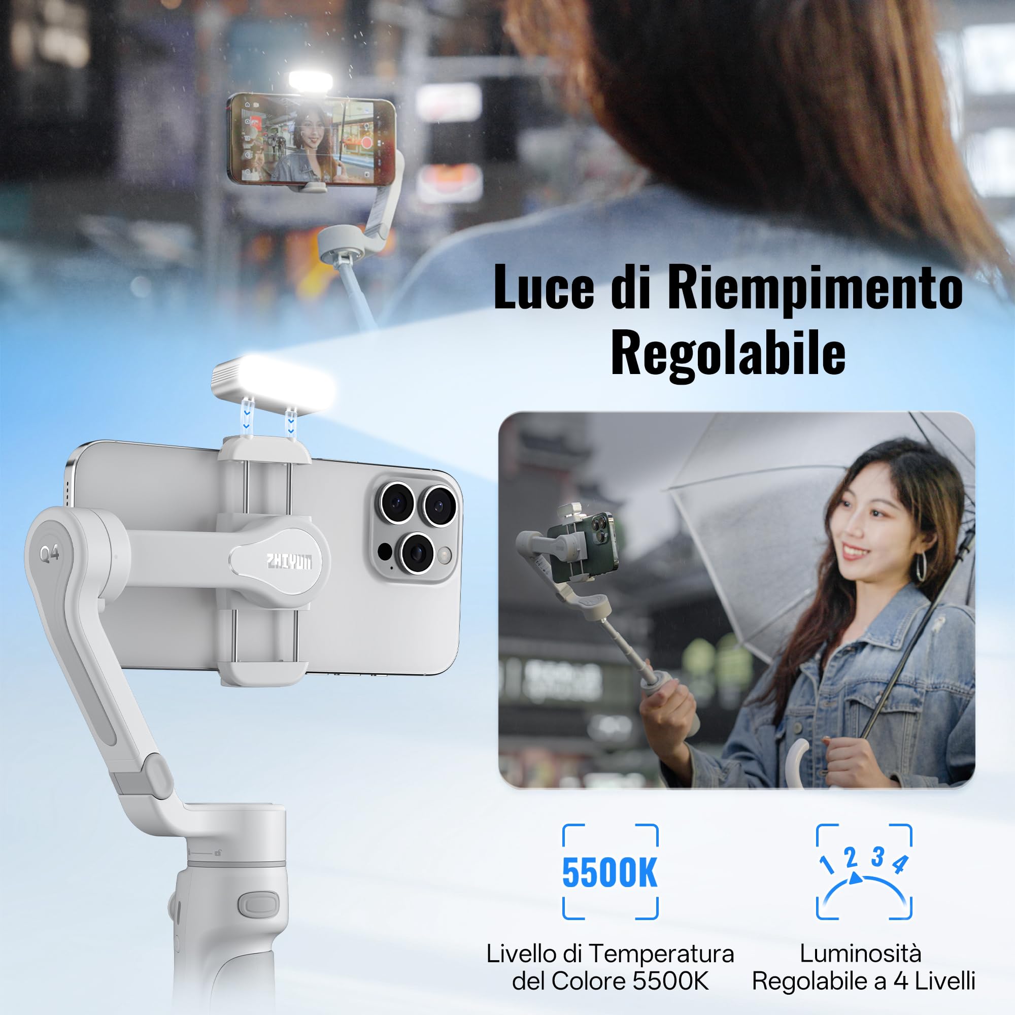 ZHIYUN Smooth Q4 Combo [Ufficiale] Stabilizzatore Per Smartphone, Stabilizzatore A 3 Assi, Gimbal Per Android/Iphone Con Manico Telescopico Integrato, Luce di Riempimento Magnetica per Vlogging