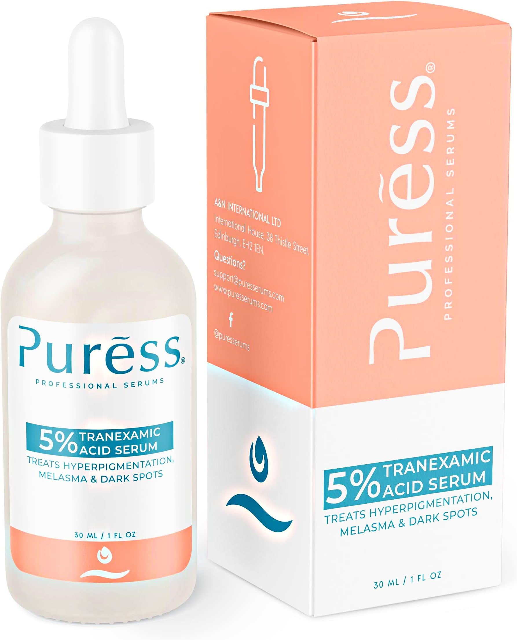 Puress 5% Tranexamic Acid Serum - Hyperpigmentation Treatment with Kojic Acid Serum - Dark Spot Remover & Acne Scar treatment - Skin Lightening & Brightening Serum - Acido Tranexamico para Manchas