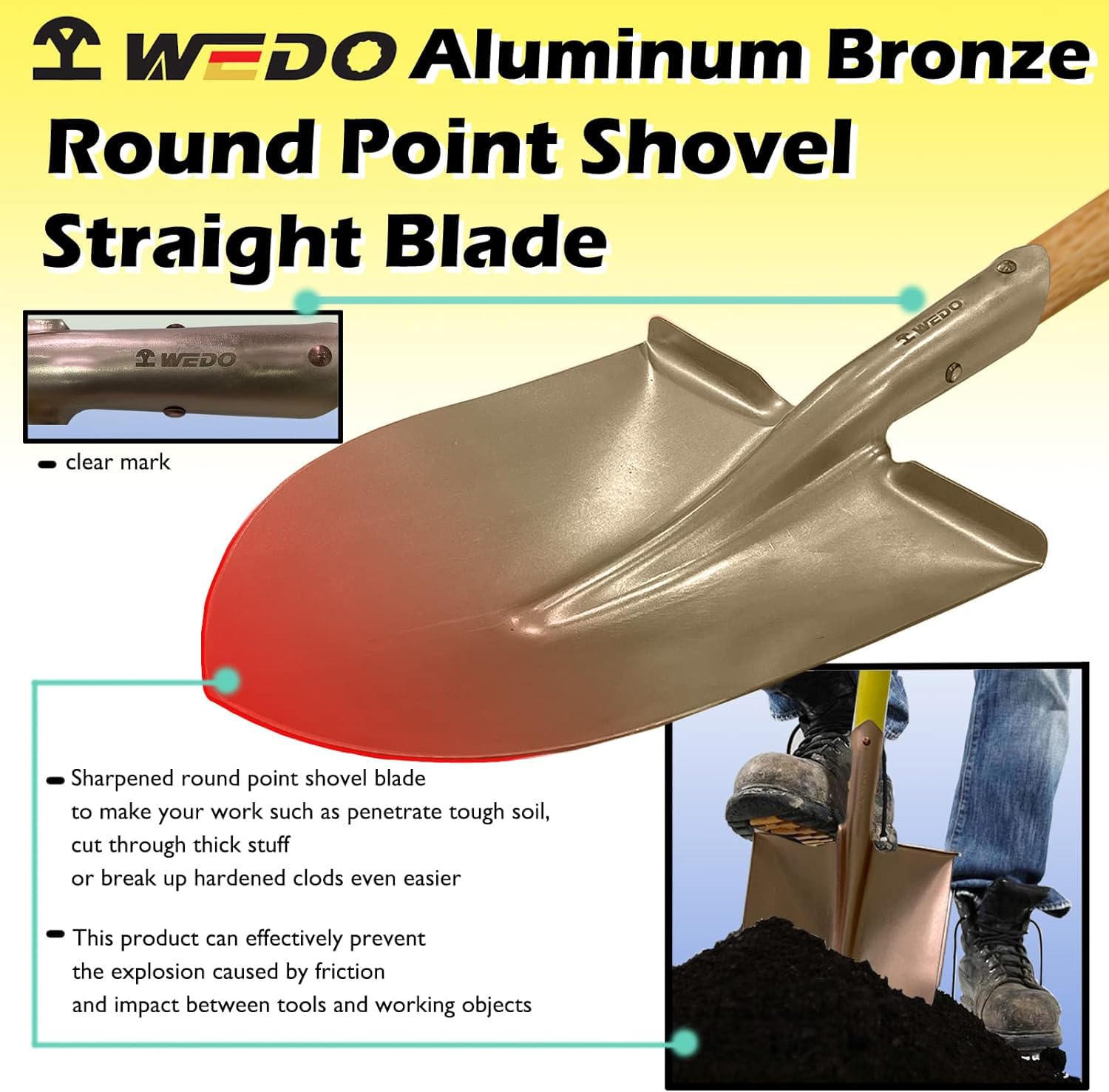 WEDO Okrągła łopata nieparkingowa z drewnianym uchwytem i wygodnym uchwytem D, szpadel do kopania bez iskier, długość 1030 mm, brąz aluminiowy, standard DIN, certyfikat BAM i FM