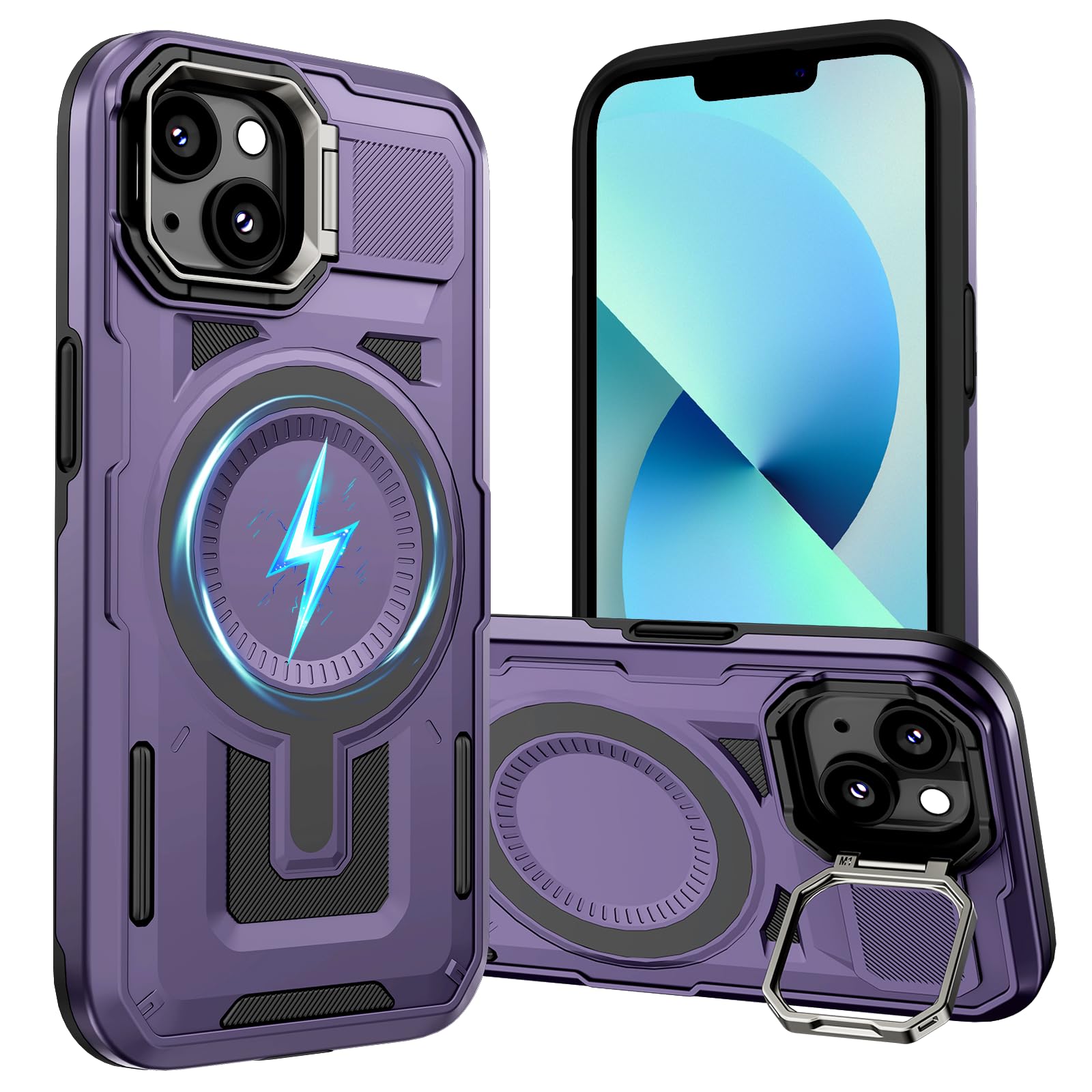 DIFAYA for iPhone 13/14/16e Case Compatible with MagSafe, Built-in Camera Ring Stand, 23 FT Military-Grade Drop Protection Magnetic Cover for iPhone