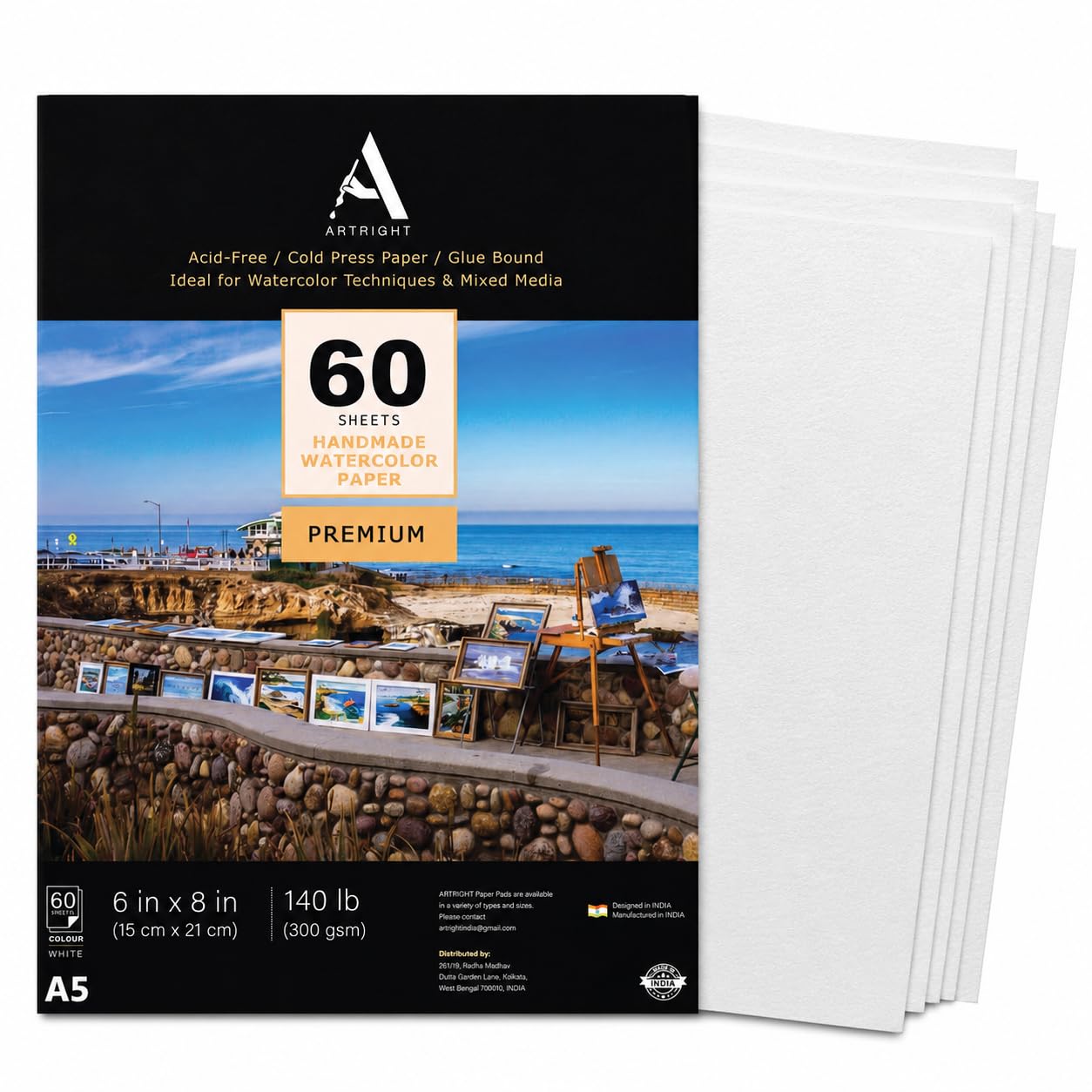 ArtRight Artists Watercolor Paper (A5 Pack of 60 Sheets, 300 GSM); Handmade Watercolour Paper for Artists