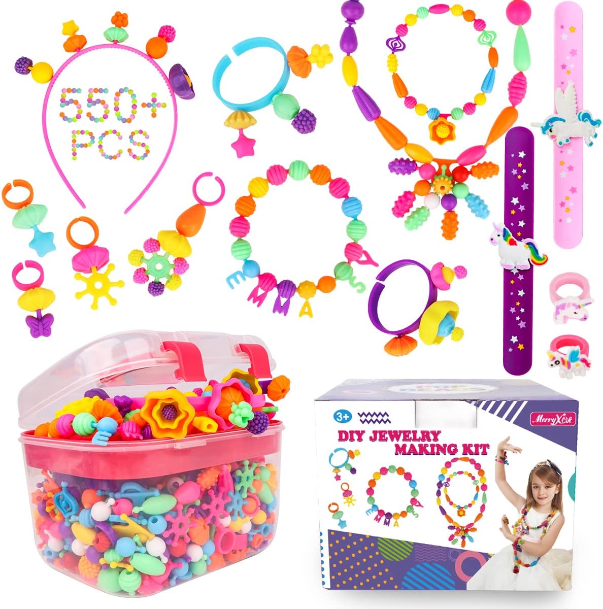 Pop Beads - 550+Pcs DIY Jewelry Making Kit for Toddlers 3,4,5,6,7,8 Year Old, Kids Snap Beads Set Art and Crafts Creativity Toys for Girls Birthday Gifts