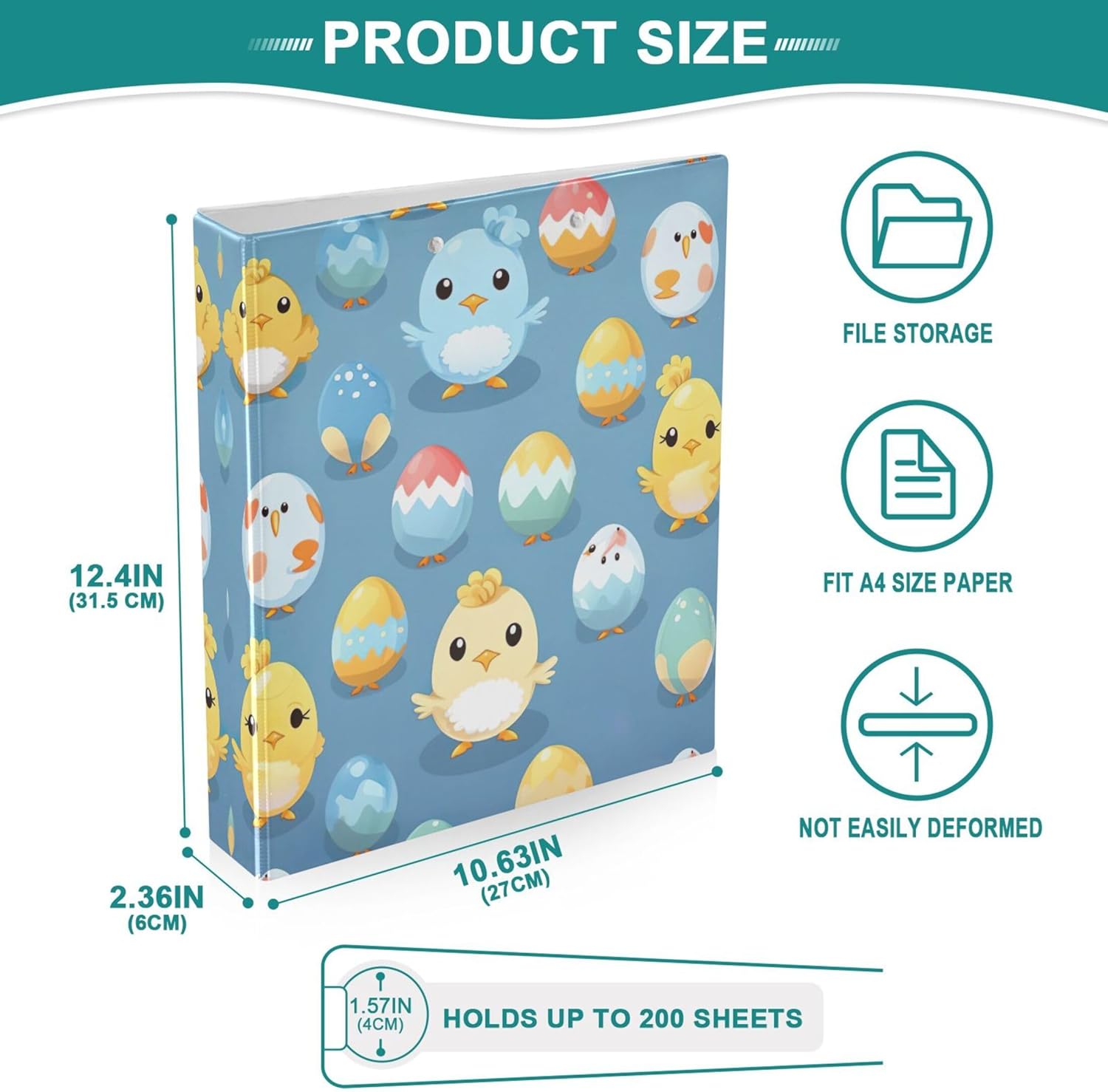 Easter Cartoon Chicks and Eggs 3 Ring Binders, 1.5” Round Ring Binders with Clipboard - Letter Size, 3 Interior PVC Clear Pockets & Anti-Slip Clip for Office School Supplies, 2PCS