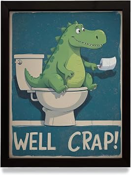 Funny Dinosaur Bathroom Wall Art Well Crap Cartoon Dino Poster, Cute Toilet Humor Canvas Print, Kids Bathroom Decor, Quirky Wall Art for Guest Restrooms 8x10, Wrapped Canvas
