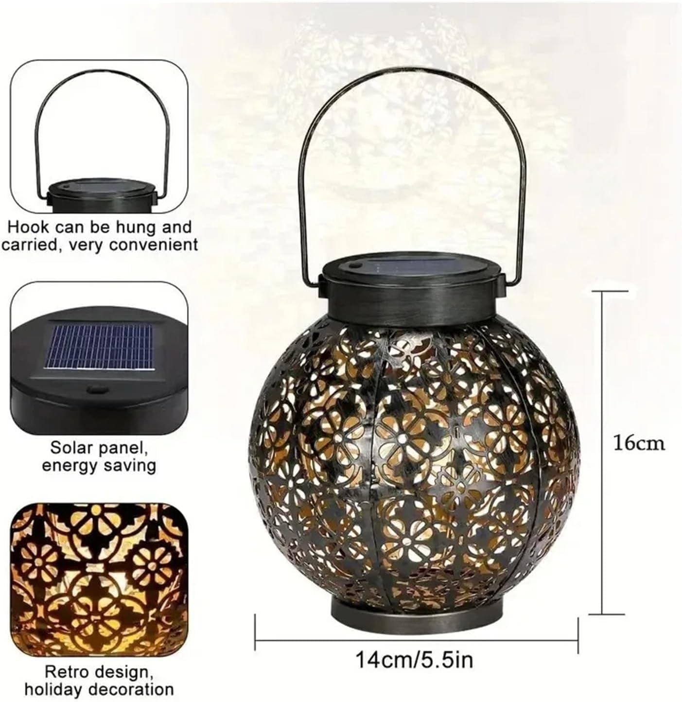 Solar Garden Lantern with Hollow Design Projection Lighting, Suitable for Courtyard Decoration, Camping, and Picnic ambiance Accent(1pcs Bronze)
