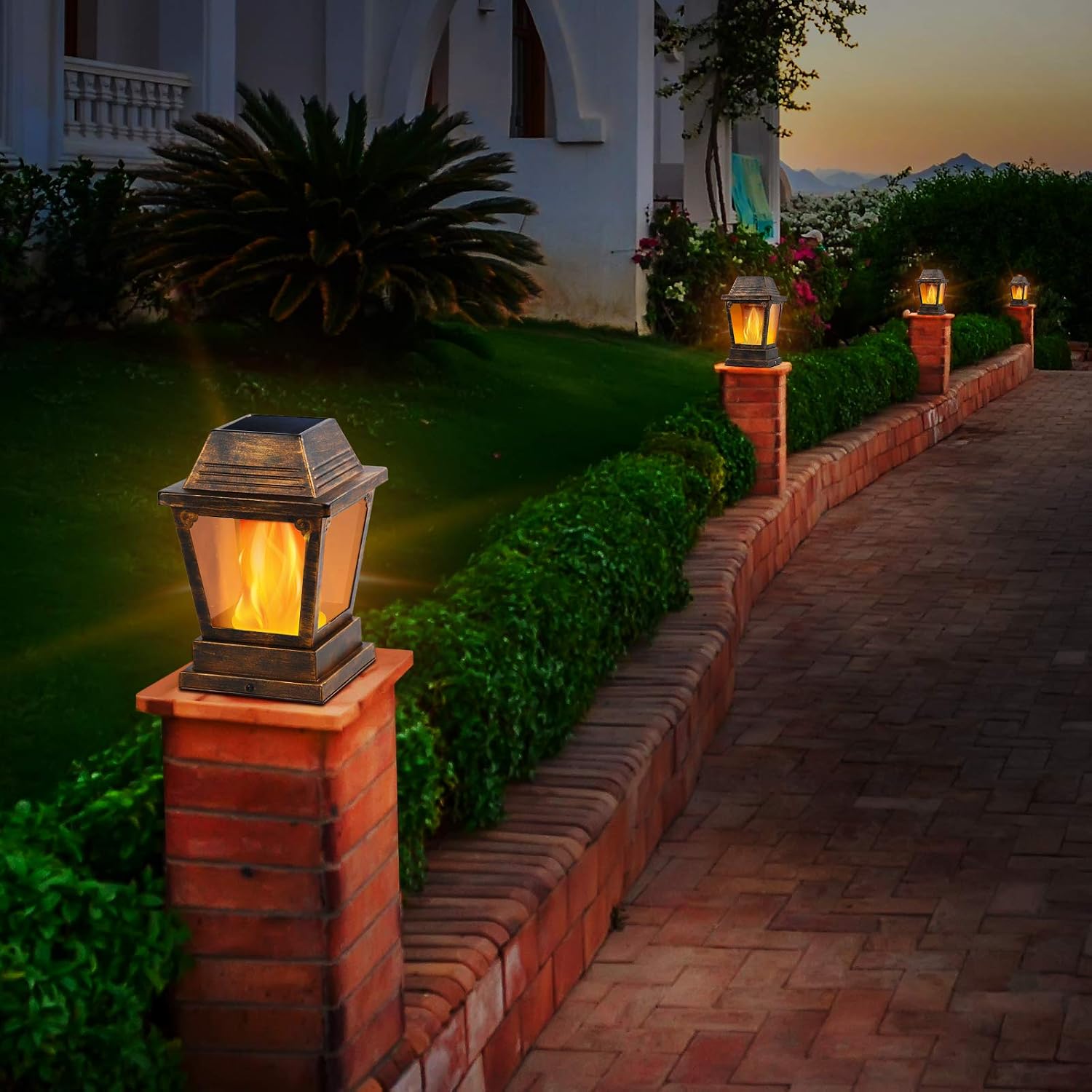 TomCare Solar Post Lights Metal Flickering Flame Solar Fence Post Cap Lights 99 LED Solar Lights Outdoor Decorative Solar Powered Waterproof Solar Lighting for Fence 4x4 6x6 Posts Patio Deck, 2 Pack