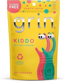GRIN Kiddo Flossers, Berry Awesome Flavor, Recycled Plastic, Jumbo Grip, Get Your KIDDOS Flossin’ Early, Larger Floss Head, Child Safe! 80 Count, Floss Picks, Dental Flossers