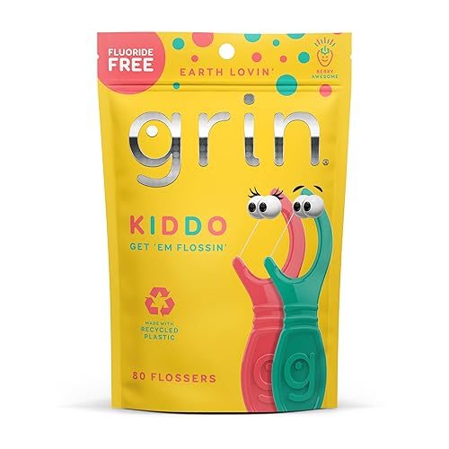 GRIN Kiddo Flossers, sabor increíble a bayas, plástico reciclado, agarre jumbo, consigue tu hilo dental KIDDOS temprano, cabezal de hilo dental más