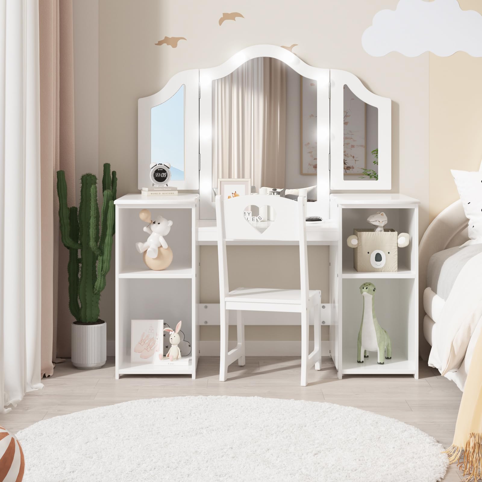 Garvee Kids Vanity Table, Princess Makeup Desk &amp; Chair Set Withtouch Light Detachable Tri-Folding Mirror, Open Storage Shelves, Wooden Girls Vanity Dressing Table, Pretend Play Vanity Set for Toddler