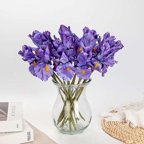 Miniatura 5 de Hollyone Flores artificiales de iris, 15 unidades, flores moradas de imitación de 14.2 pulgadas de tacto real, ramos de flores falsas para boda