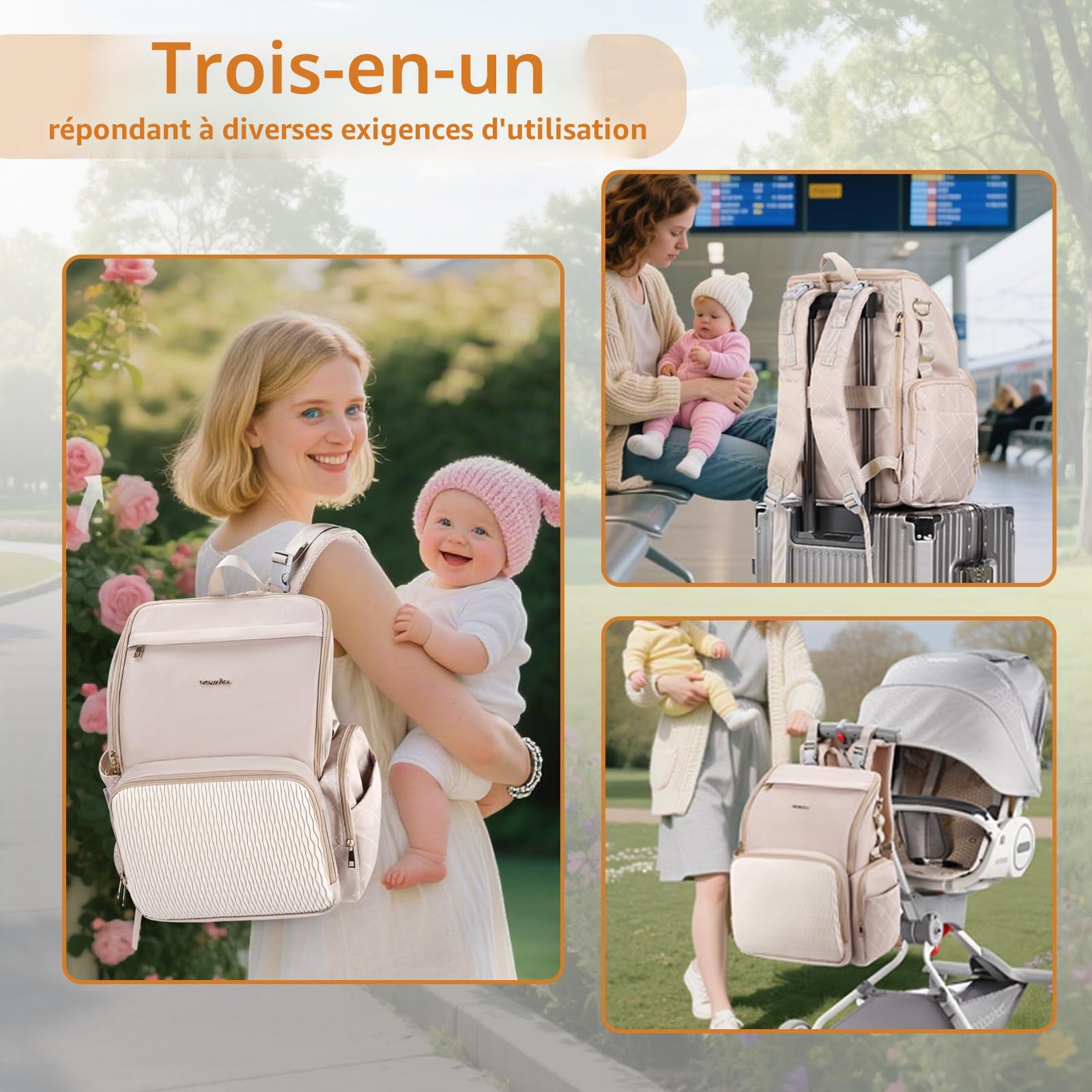Élégant sac à langer pour bébé, sac pour bébé avec matelas à langer, étui pour tétine et sangles de poussette