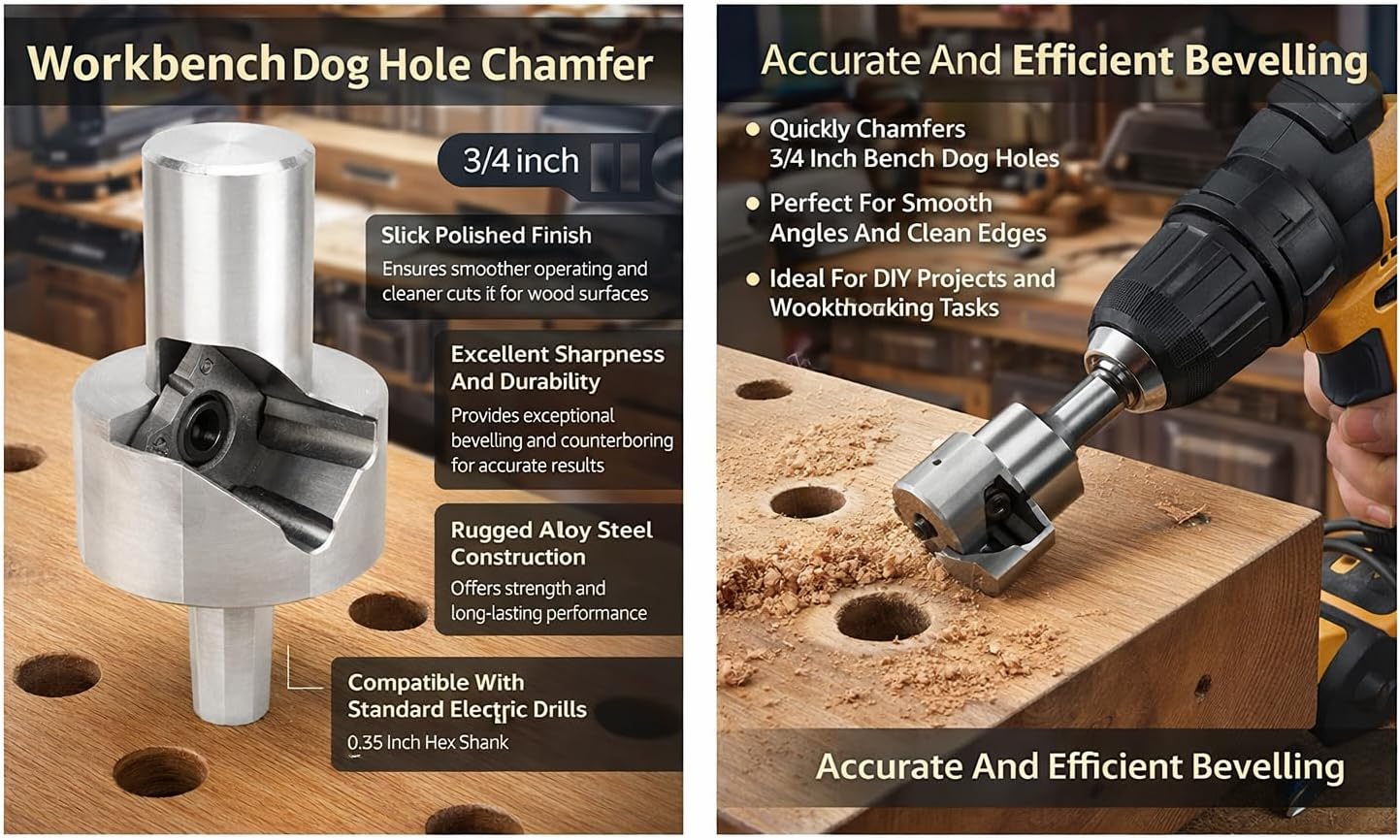 3/4 Inch Bench Dog Hole Chamfer Reamer - Alloy Steel for Woodworking, Polished Finish, Hex Shank for Electric Drills