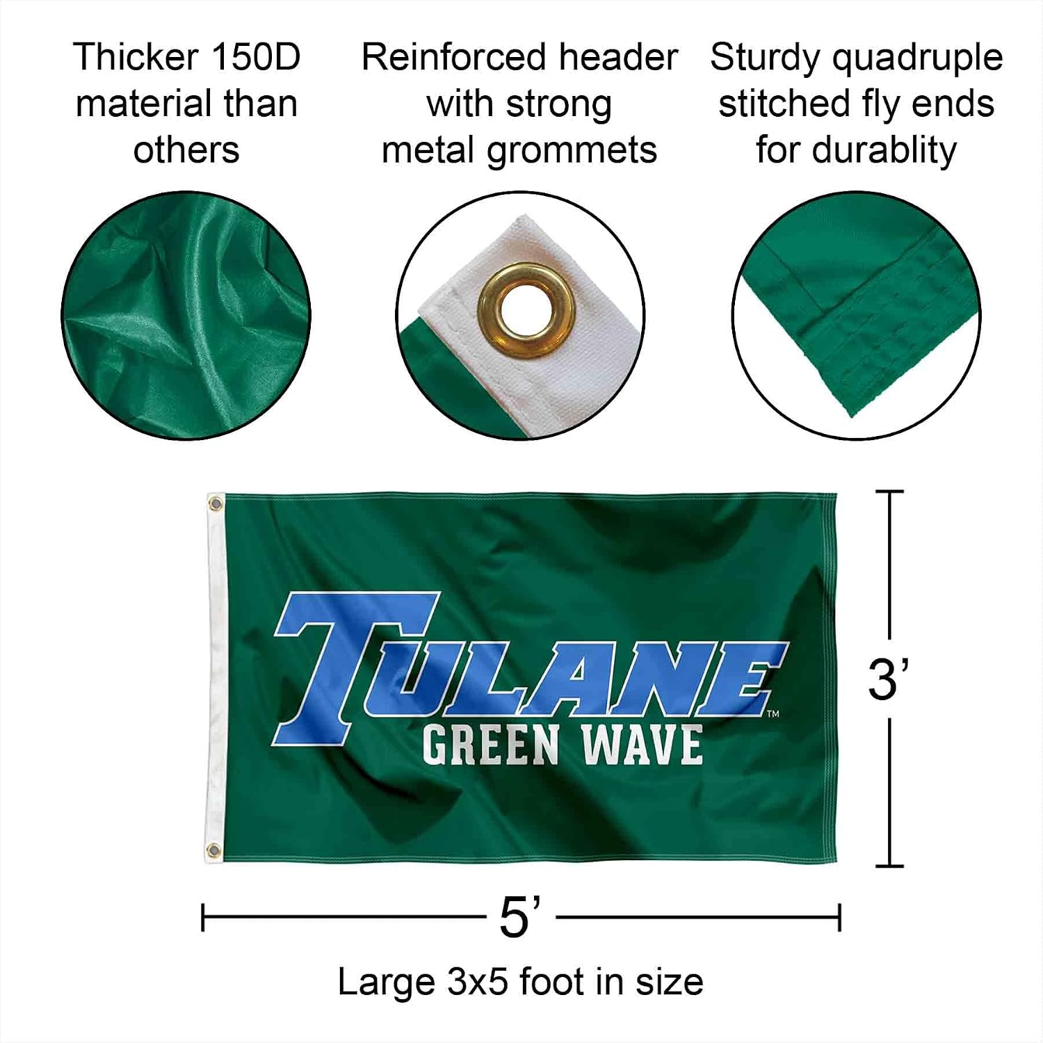 Tulane Green Wave Flag with Pole and Bracket Holder University Set