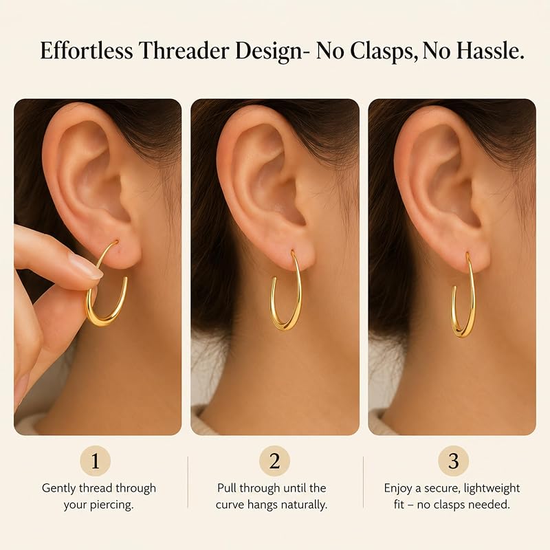 hooppoo 4 Pairs Teardrop Threader Hoop Earrings Gold – Hassle-free threader design