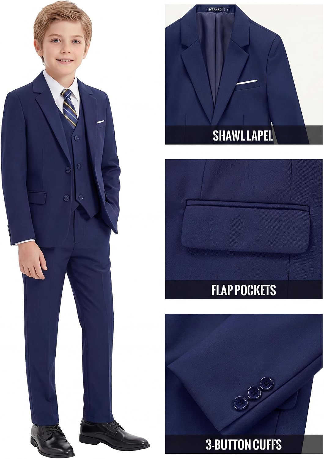 WULFUL Boys' Formal Suit Set,Slim Fit Tuxedo Wedding Suit 6-16 Years with Adjustable Waist