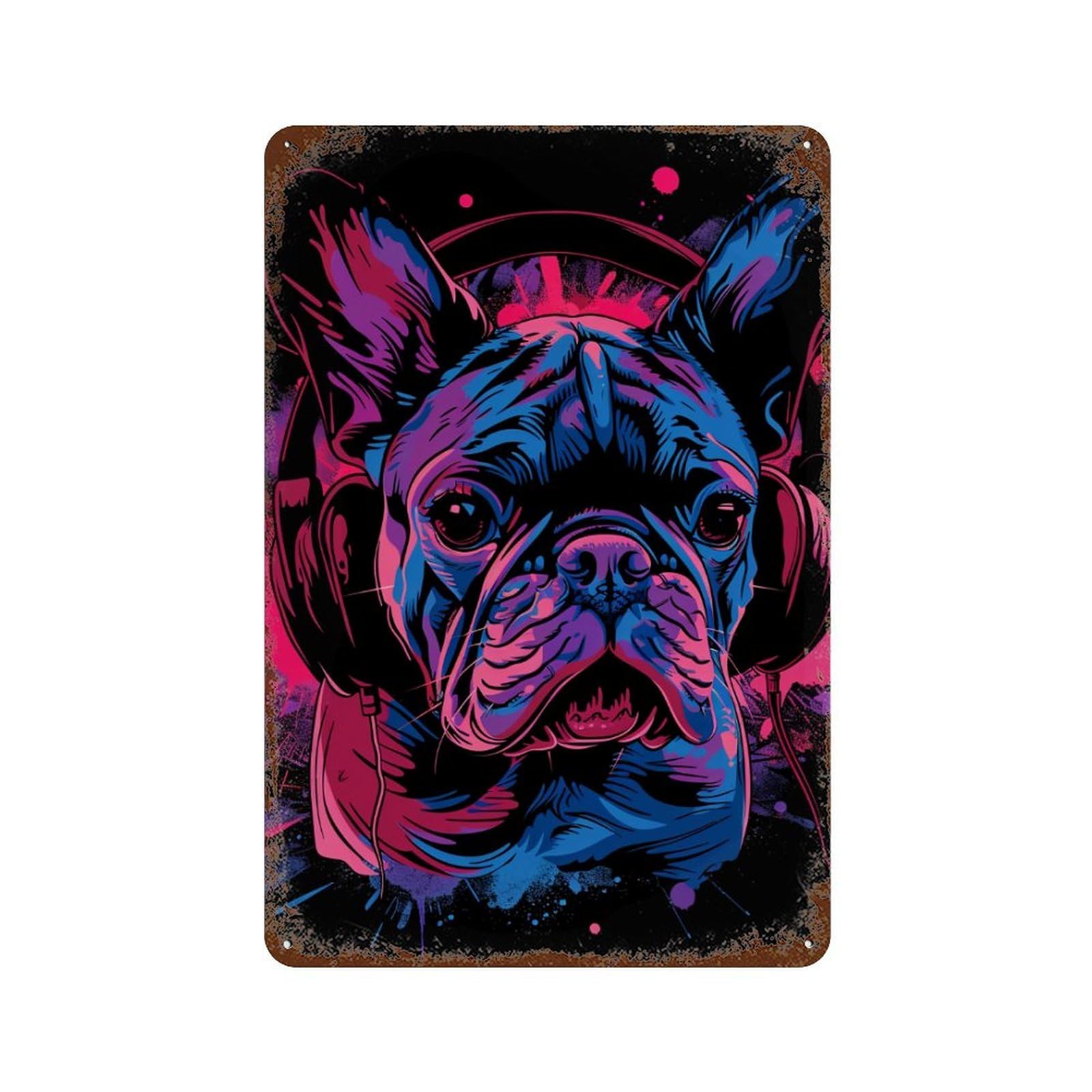 Vintage Rust Metal Sign Neon Bulldog Headphones Art Print -1 11.8"x7.9", Novelty Wall Decor for Office, Studio And Wall Decor