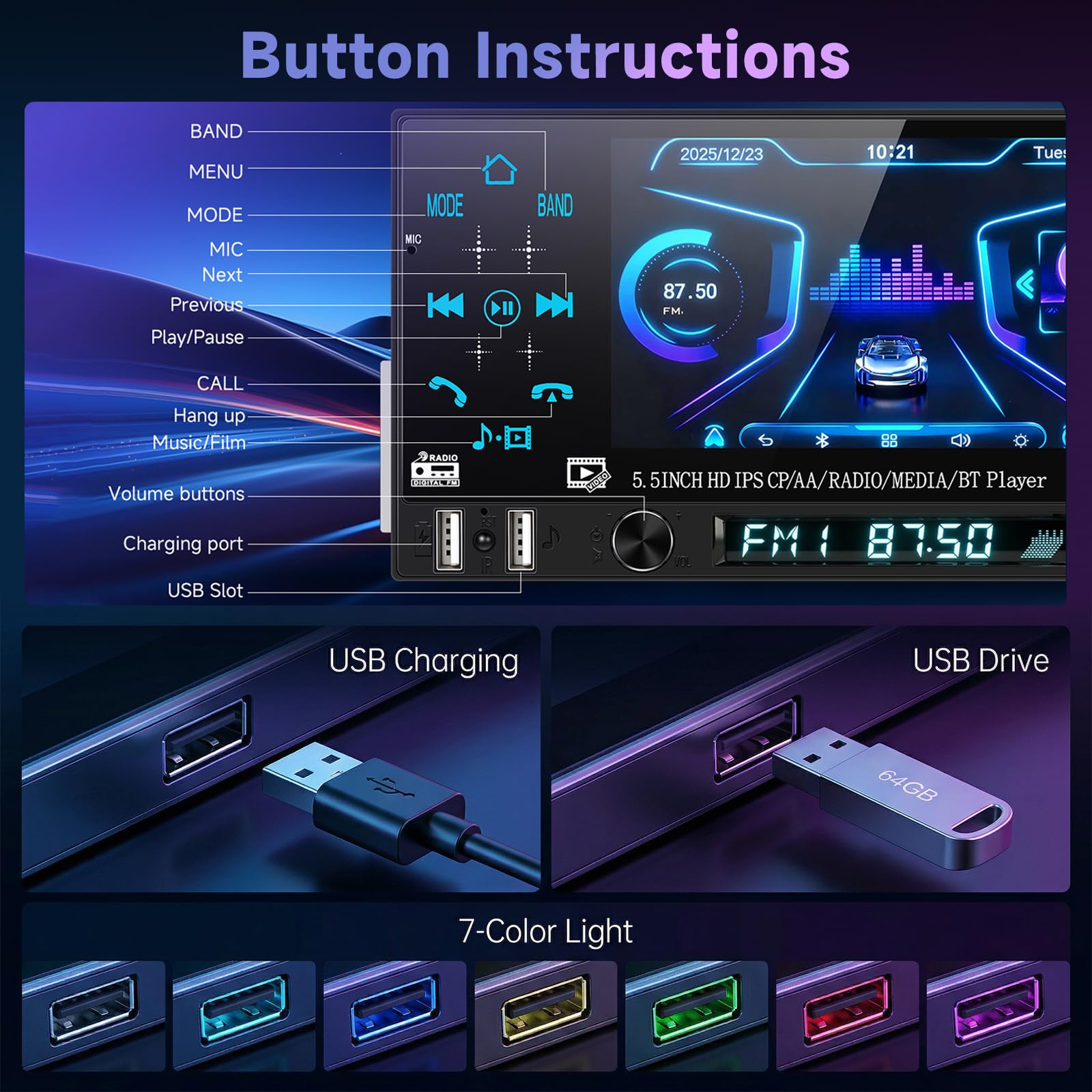 Hodozzy Autoradio 1 Din avec CarPlay Android Auto Sans Fil, Ecran Tactile IPS 5,5 Pouces Poste Radio Voiture avec Bluetooth, Radio FM, EQ, Lien Miroir, SWC, 2 USB, Rétroéclairage Coloré+ Caméra et MIC