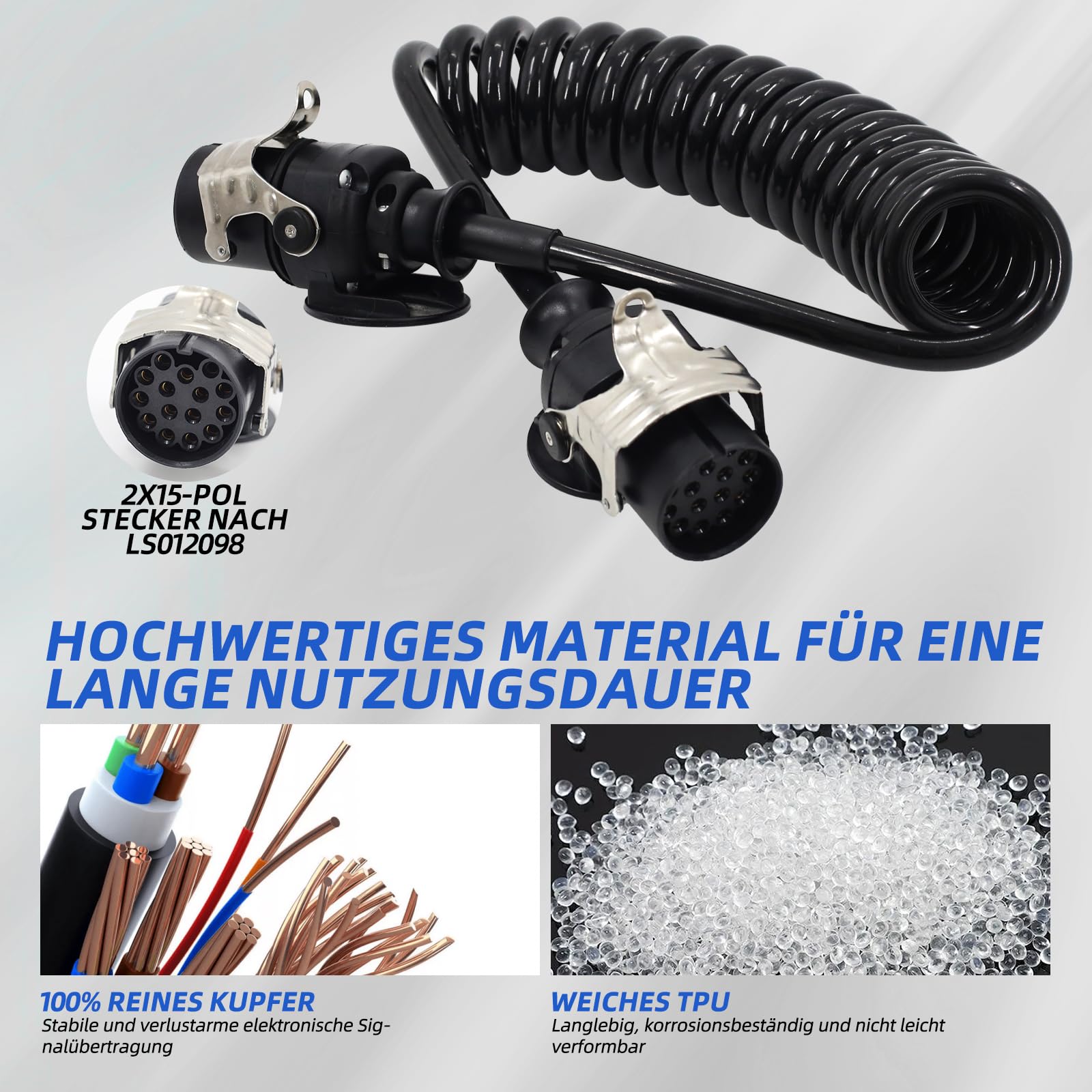 24V Kabeltrommel, 15-polig, 3,8 m, für Schwerlast-LKW-Anhänger, Nutzfahrzeuge, Sattelauflieger, anhängerspezifisches 15-poliges Adapterkabel