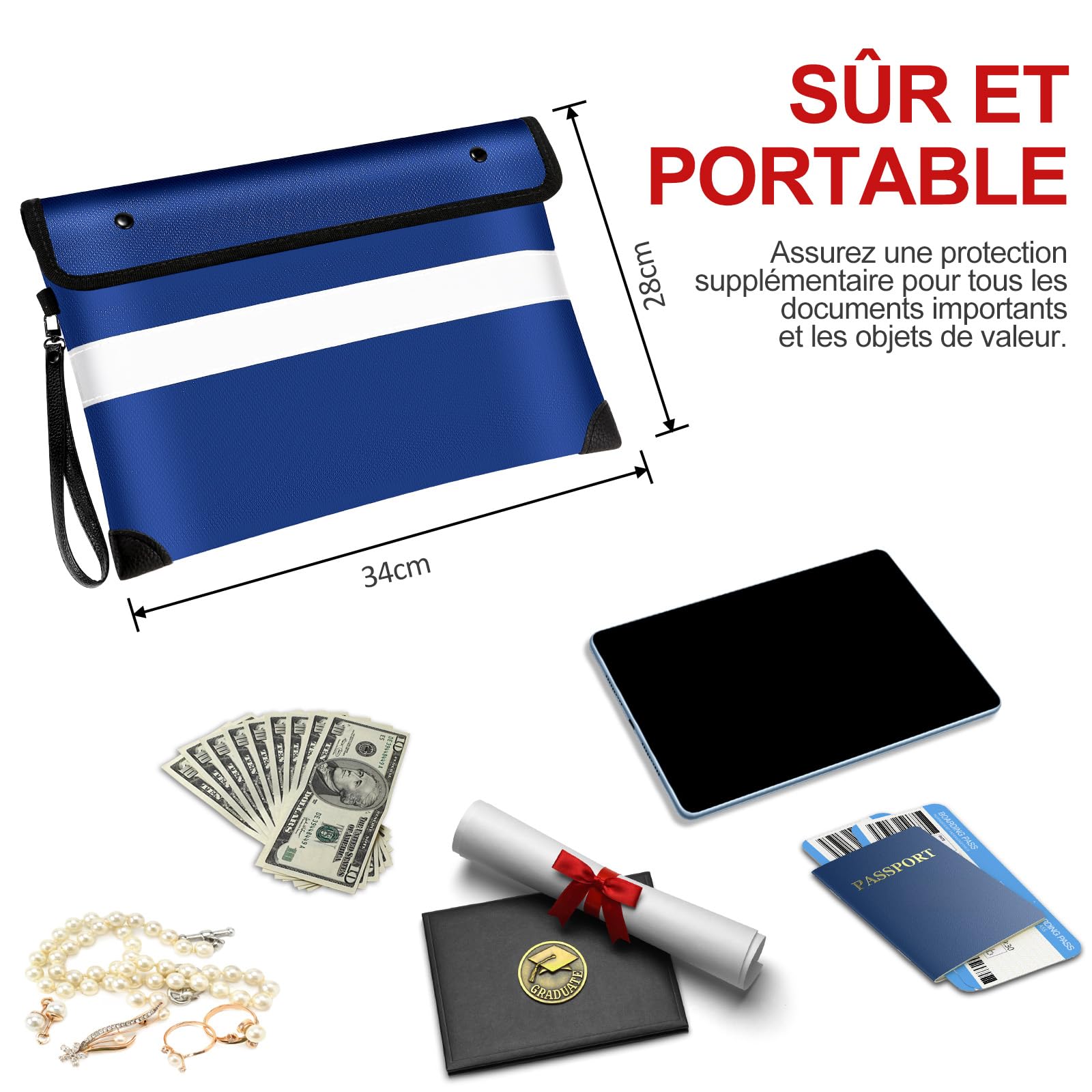 Vailoin Borsa per Documenti Ignifuga Fino a 5200°F (34 x 28 cm),Porta Documenti Impermeabile, Sacchetto Antincendio Rivestita in Silicone Antiprurito, per documenti A4, Denaro, Passaporto(Blu)
