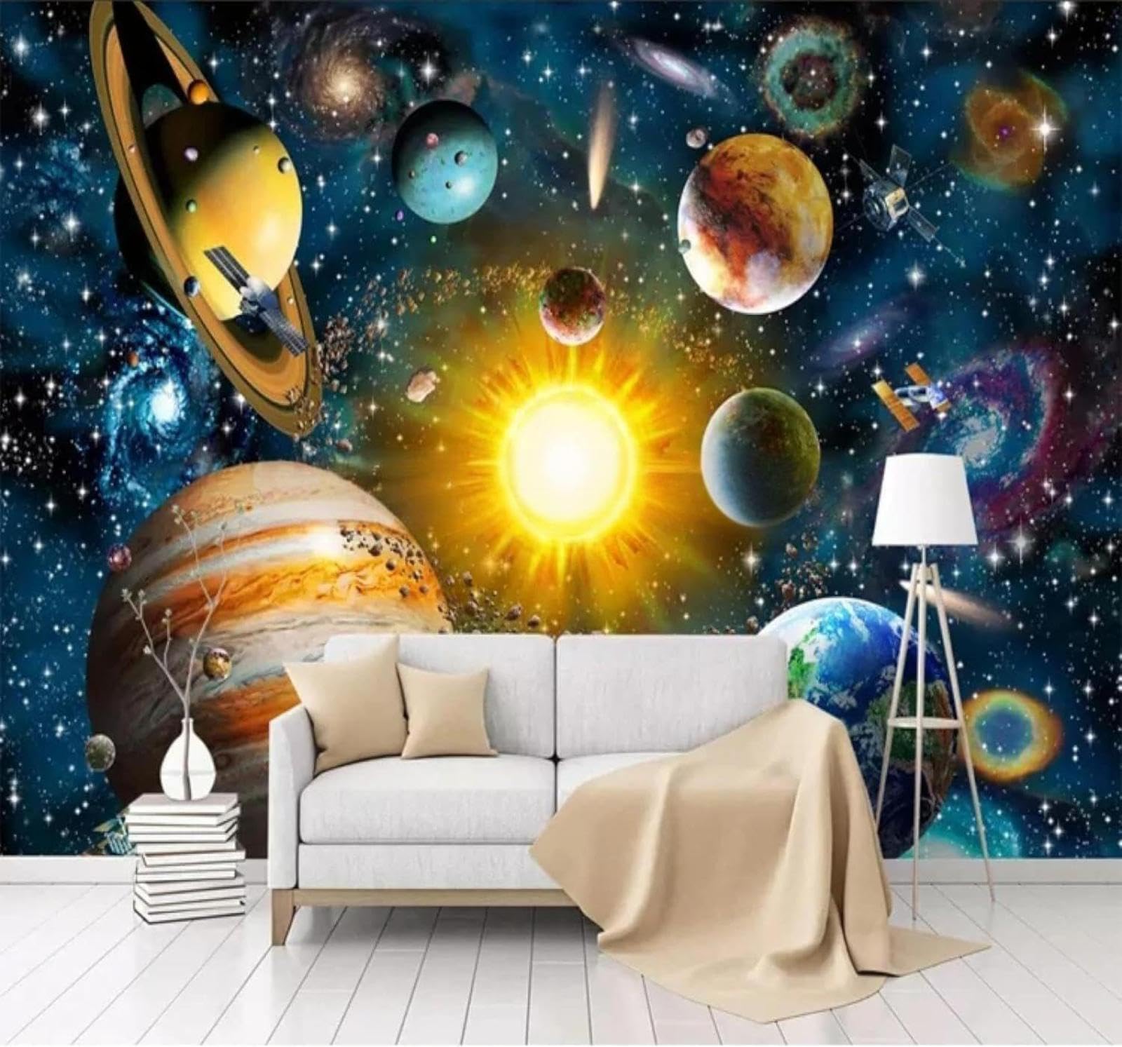 Tzxztt Hand Drawn Cartoon Universe Stars Planets Modern 3D Wallpaper Premium Textured Silk Neutral Tones Material Ideal for Living Room Bedroom-400cm×280cm