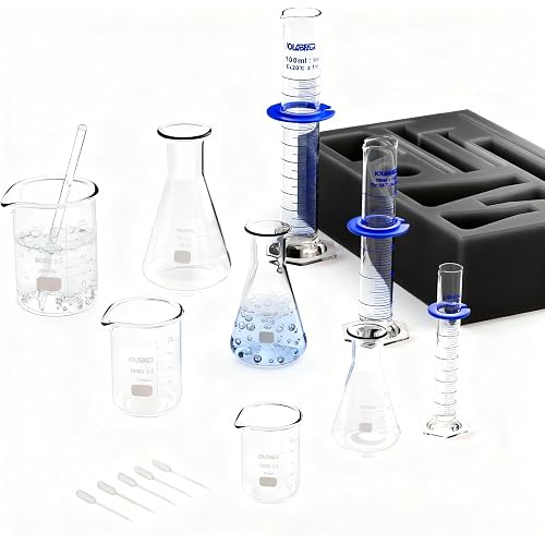 JOLABEAR 15-Piece Lab Glassware Set, 3.3 Borosilicate Glass Beakers and Erlenmeyer Flasks 50-250 mL, Graduated Cylinders 10-100 mL, Stirring Rod and Transfer Pipettes