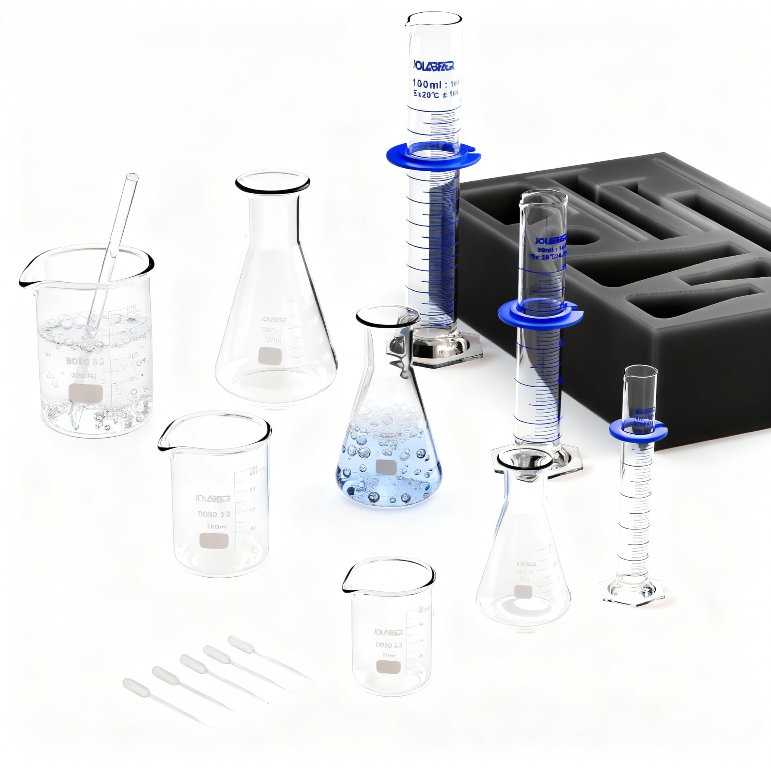JOLABEAR Juego de 18 piezas de cristalería de laboratorio: 3 vasos de borosilicato, 3 frascos y 3 cilindros graduados con cuentagotas de plástico, varilla de agitación y anillos antipunta. Esencial