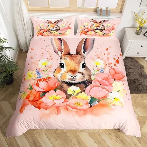 Juego de funda de edredón con diseño floral de conejo, para niños, niñas, adolescentes, decoración de habitación de flores vintage, juego de funda