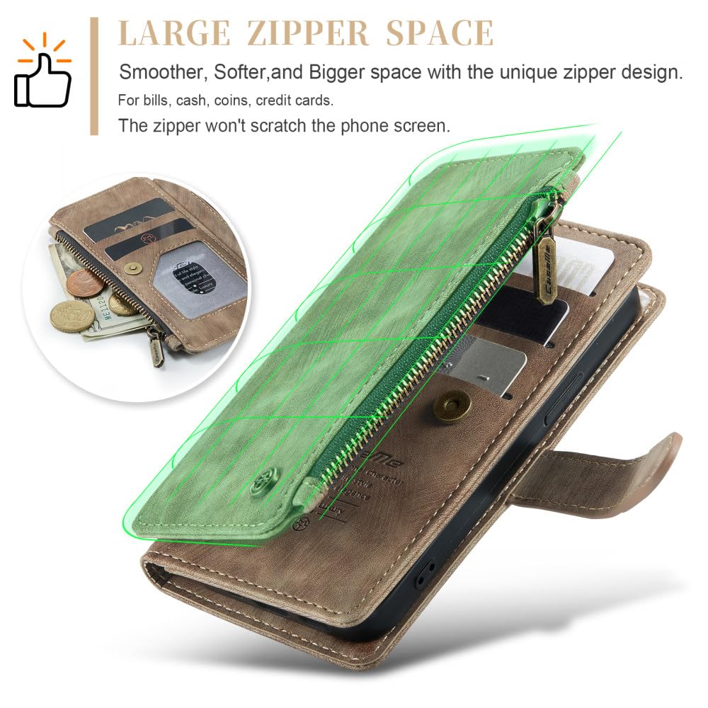 Funda tipo billetera de cuero de lujo para iPhone 15 14 13 12 Mini 11 Pro XS Max X XR Funda tipo billetera con ranura para tarjeta con cremallera para iPhone SE 7 8 Plus, marrón, para iPhone 14 Plus