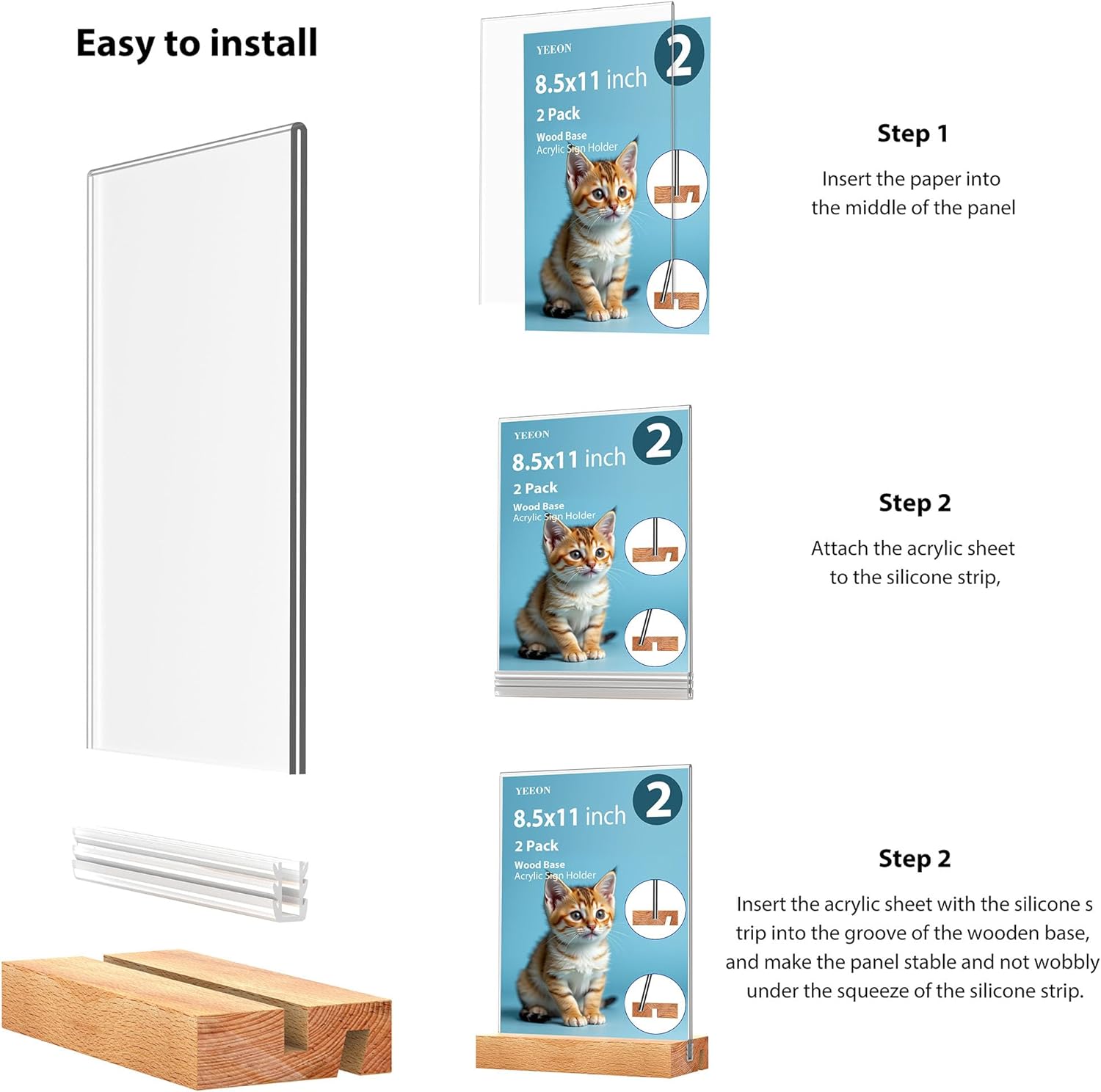 8.5x11 Inch 3 Pack Acrylic Sign Holder with Wooden Base, Desktop Display Stand (8.5x11 2Pack) - Image 5