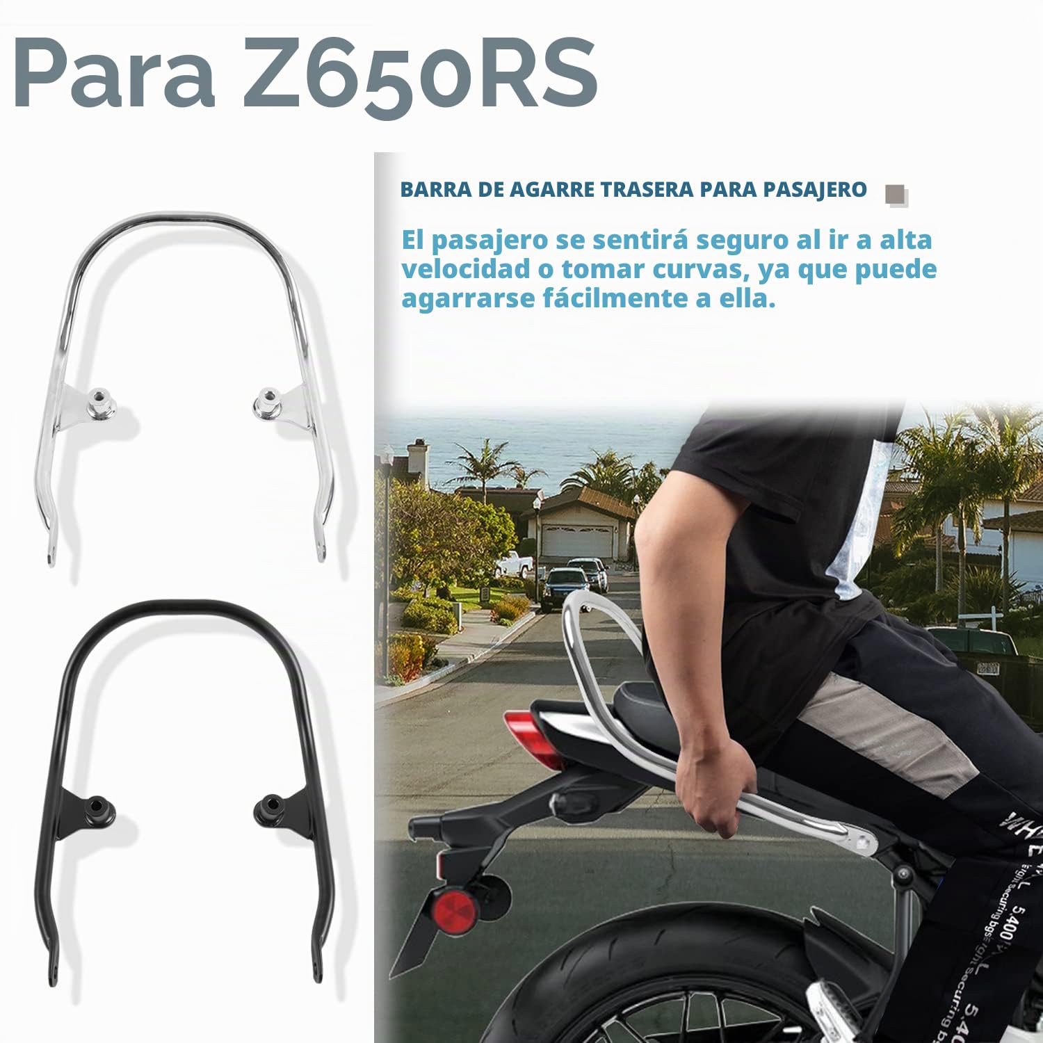 Motocicleta Z650RS Pasajero Trasero Pillion Grab Bar Asiento Grande Side Hand Rail Reposabrazos Trasero Manijas Kit Acero al Carbono para Z 650 RS Z650 RS Z-650-RS 2021 2022 2023 (Negro)