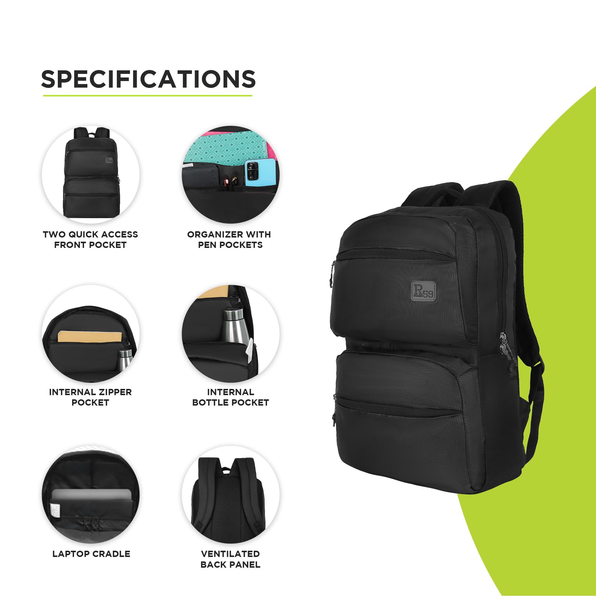 R59 Iris by Harissons 15L Laptop Backpack for Men & Women | Fits 13 Inch Laptop | Quick Pocket, Internal Bottle Pocket & Ventilated Back Panel | Ideal for Office, College & Travel (Black) 3