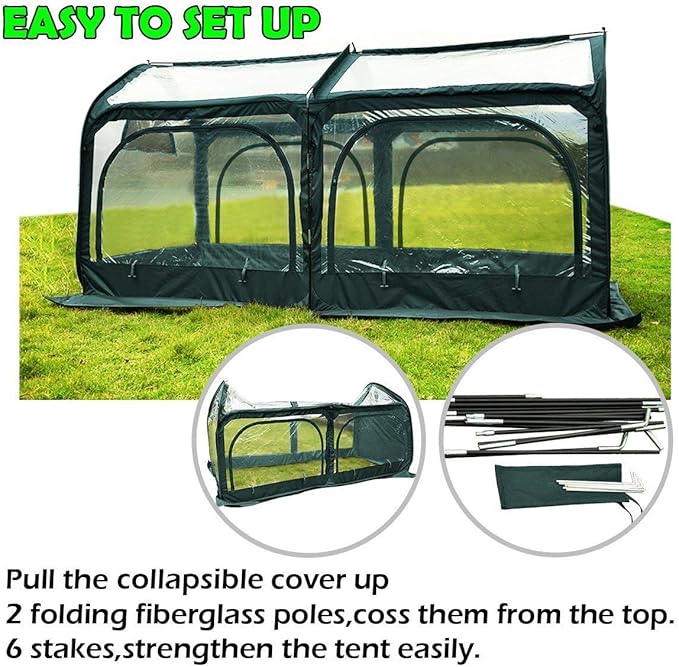 The Quictent Greenhouse for Outdoors is a portable and easy-to-set-up flower garden plant kit designed for outdoor use. It features a heavy-duty eco-friendly fiberglass pop-up frame that is durable and stable, providing a secure environment for your plants. The cover is made from a strong and long-lasting material with a screen window for ventilation.