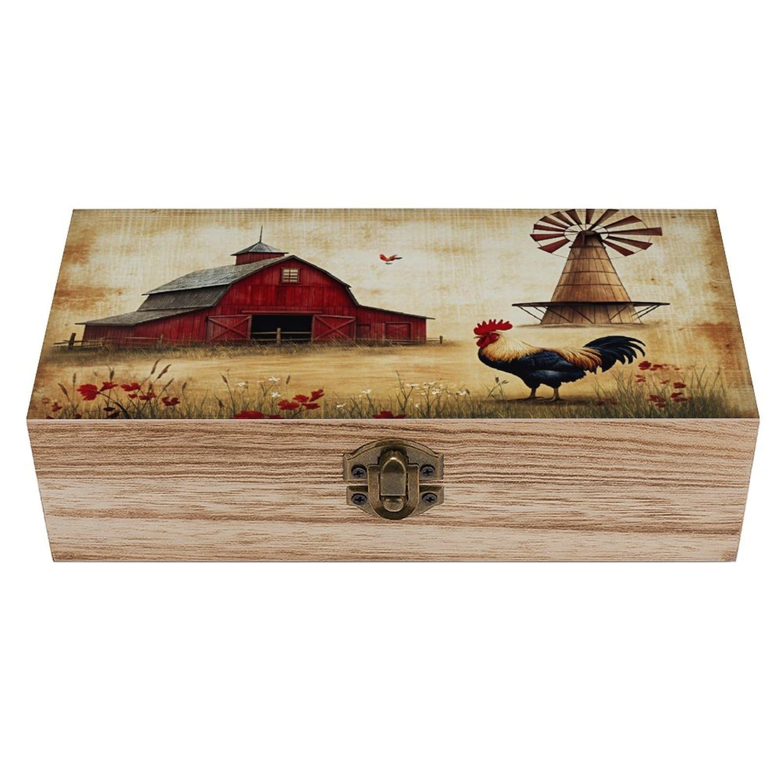 HLBSDM Farm Barn Windmill Rooster Vintage Wooden Keepsake Box with Hinged Lid And Locking Clasp, Decorative Storage Box for Jewelry, Trinkets And Small Accessories, Organizer for Home Or Wedding