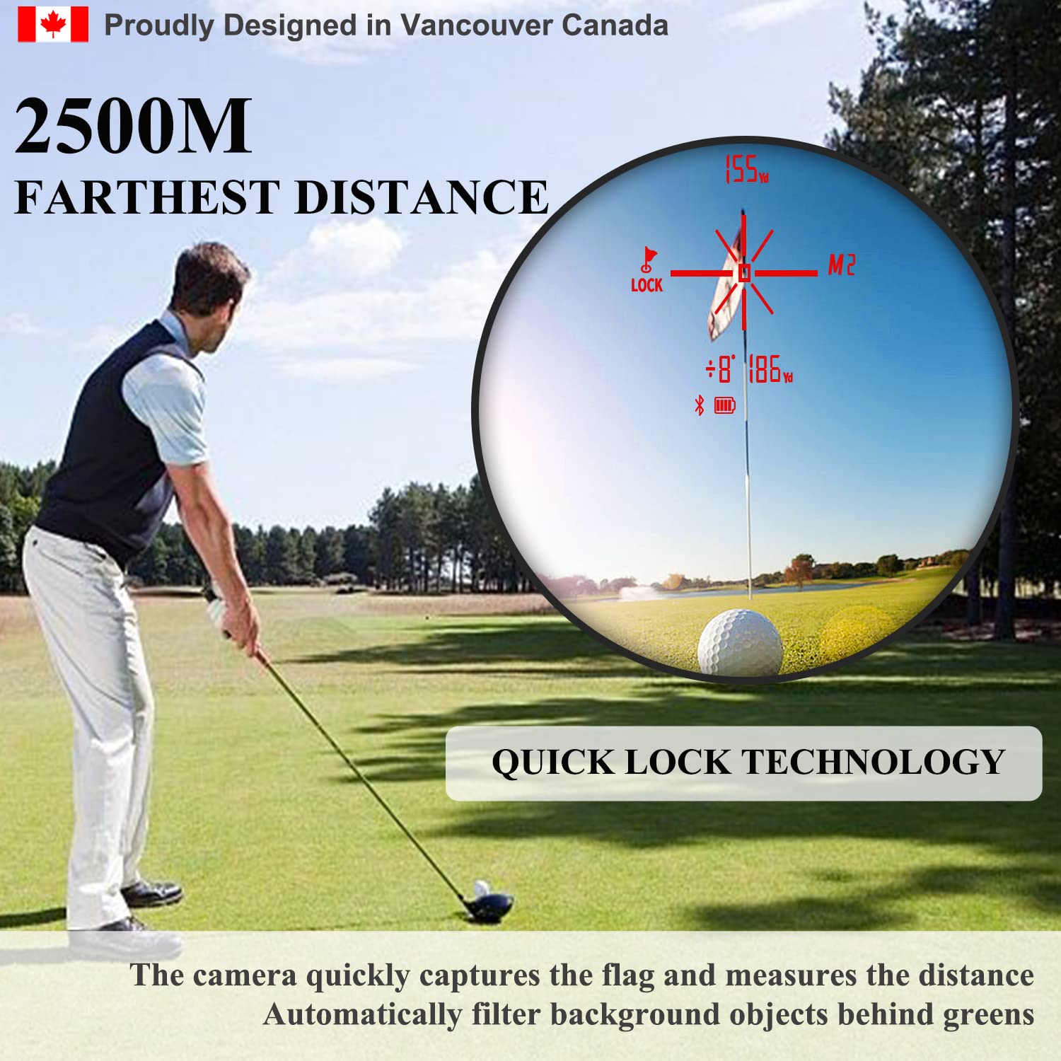 Fetch Falcon OLED - Telémetro de golf (alta precisión, modo de pendiente con escaneo), bandera de poste de bloqueo de vibración (hasta OLED 2500 yardas de alcance láser de golf, potente imán negro)