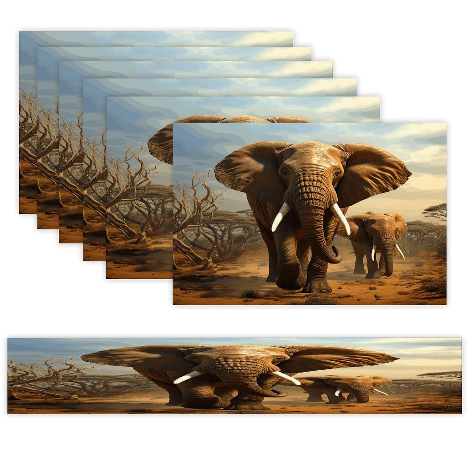 Elephant Animals Table Runner and Placemats Set of 6 Stain Resistant Heat Resistant Place Mats for Kitchen Dining Table Mats Long Table Runner Modern Art Dining Decor for Daily Use