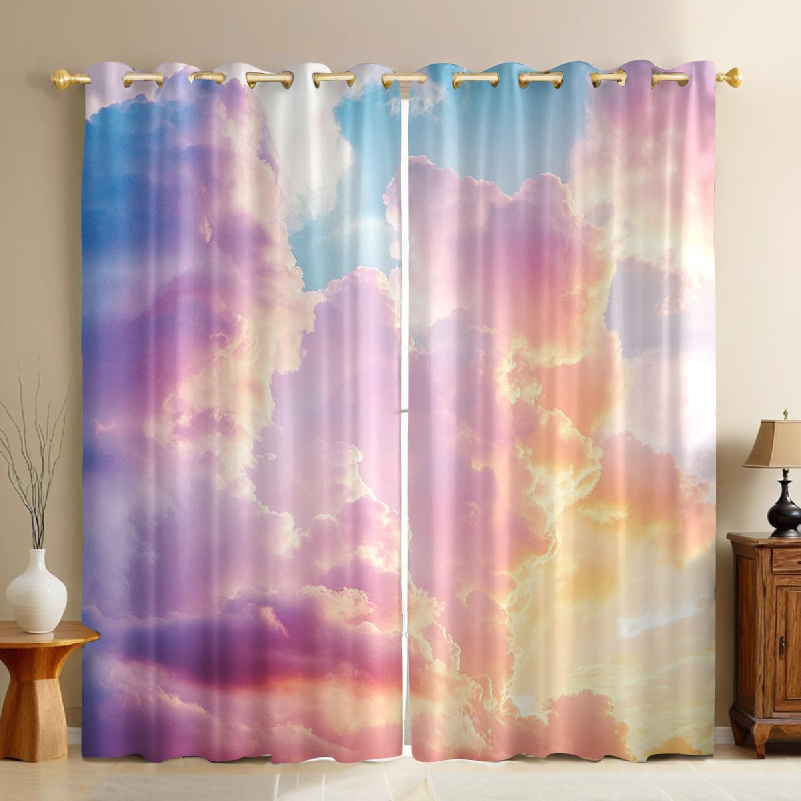 Rideaux Occultants Nuages du Coucher de Soleil Lot de 2 Opaques Thermiques et Phoniques avec Œillets, Imprimé 3D Abstrait pour Chambre Enfant, Salon ou Véranda 110L X 215H cm
