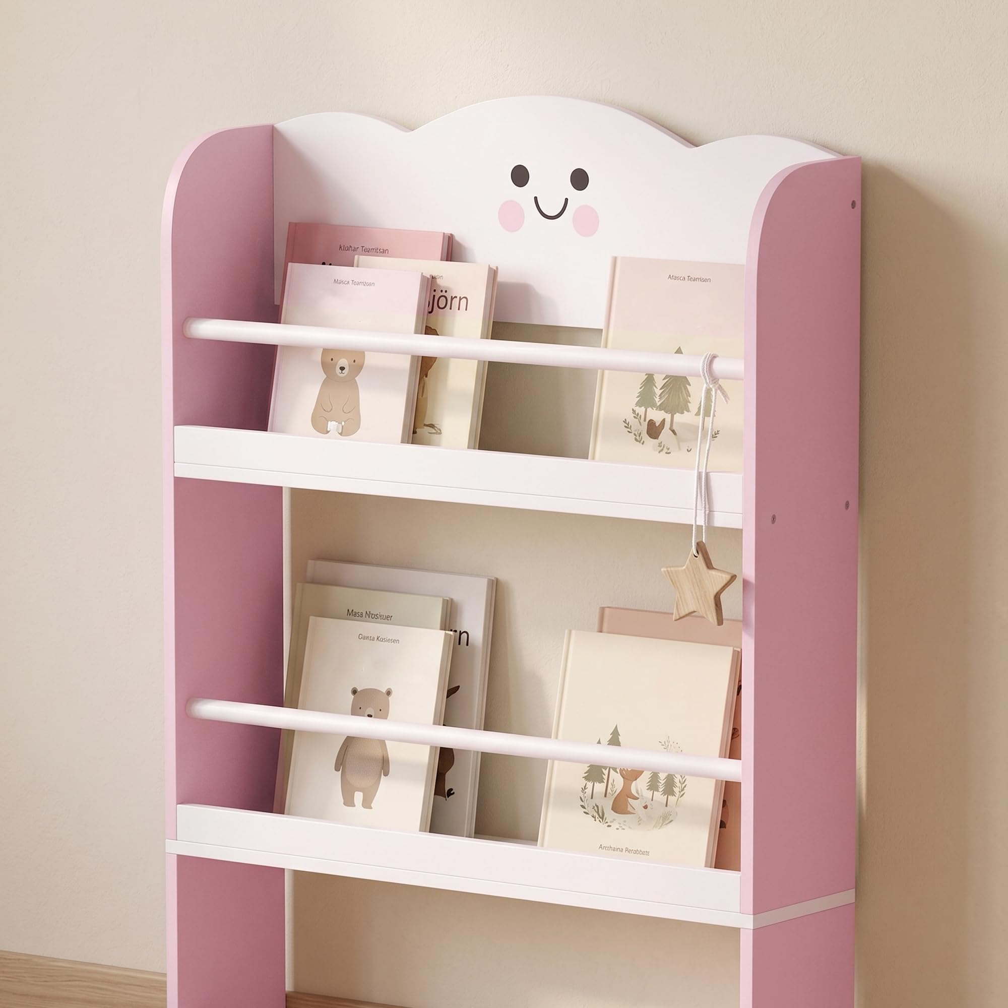 AIYAPLAY Bibliothèque Murale pour Enfant, Rangement Livre Enfant 4 Niveaux, Meuble de Rangement en thème Barbe à Papa, étagère Chambre Enfant pour Salle de Jeux, Chambre d'enfant, Rose