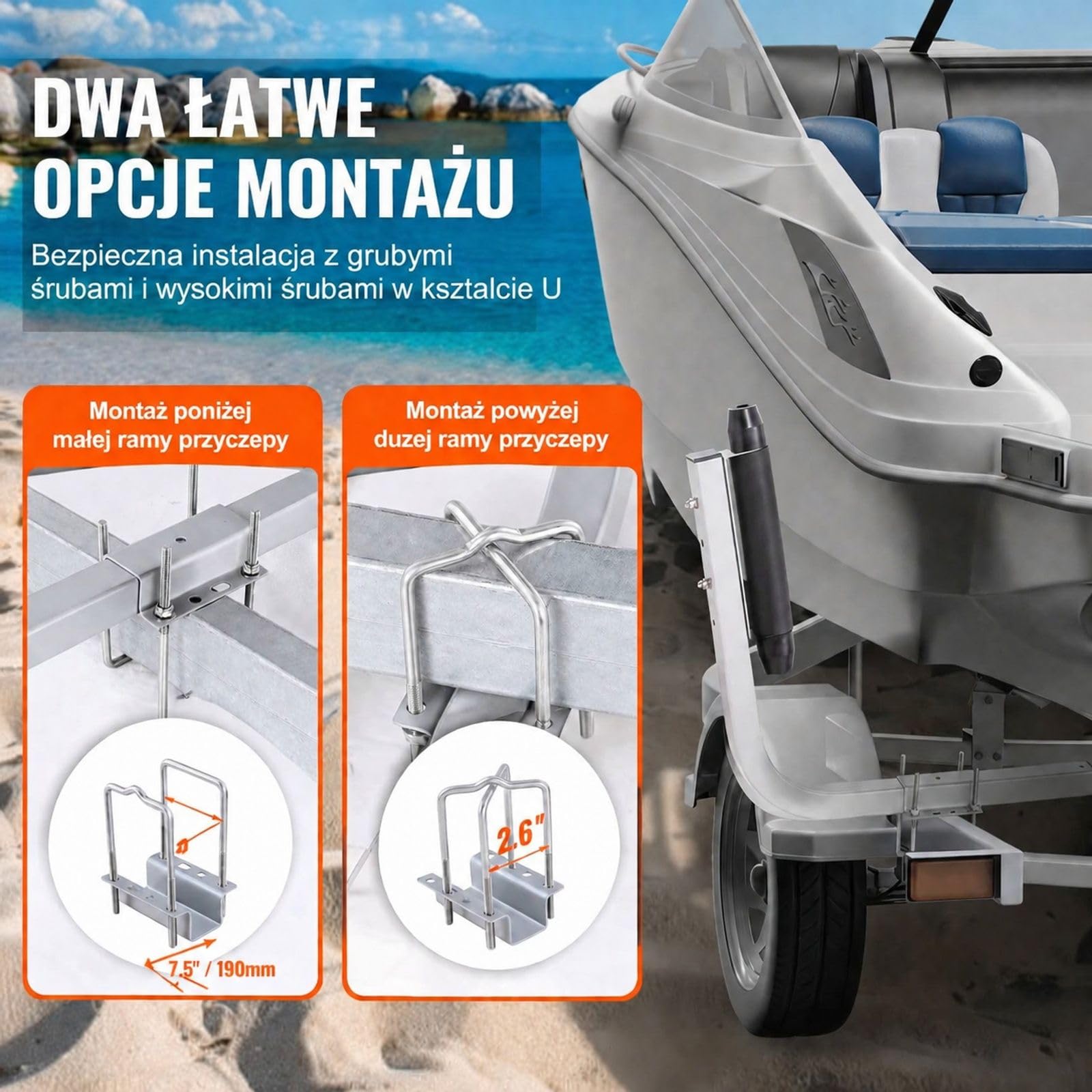 Zestaw słupków prowadzących do przyczepy łodziowej w kształcie L z czarnymi rolkami, stalową konstrukcją i regulowanym montażem
