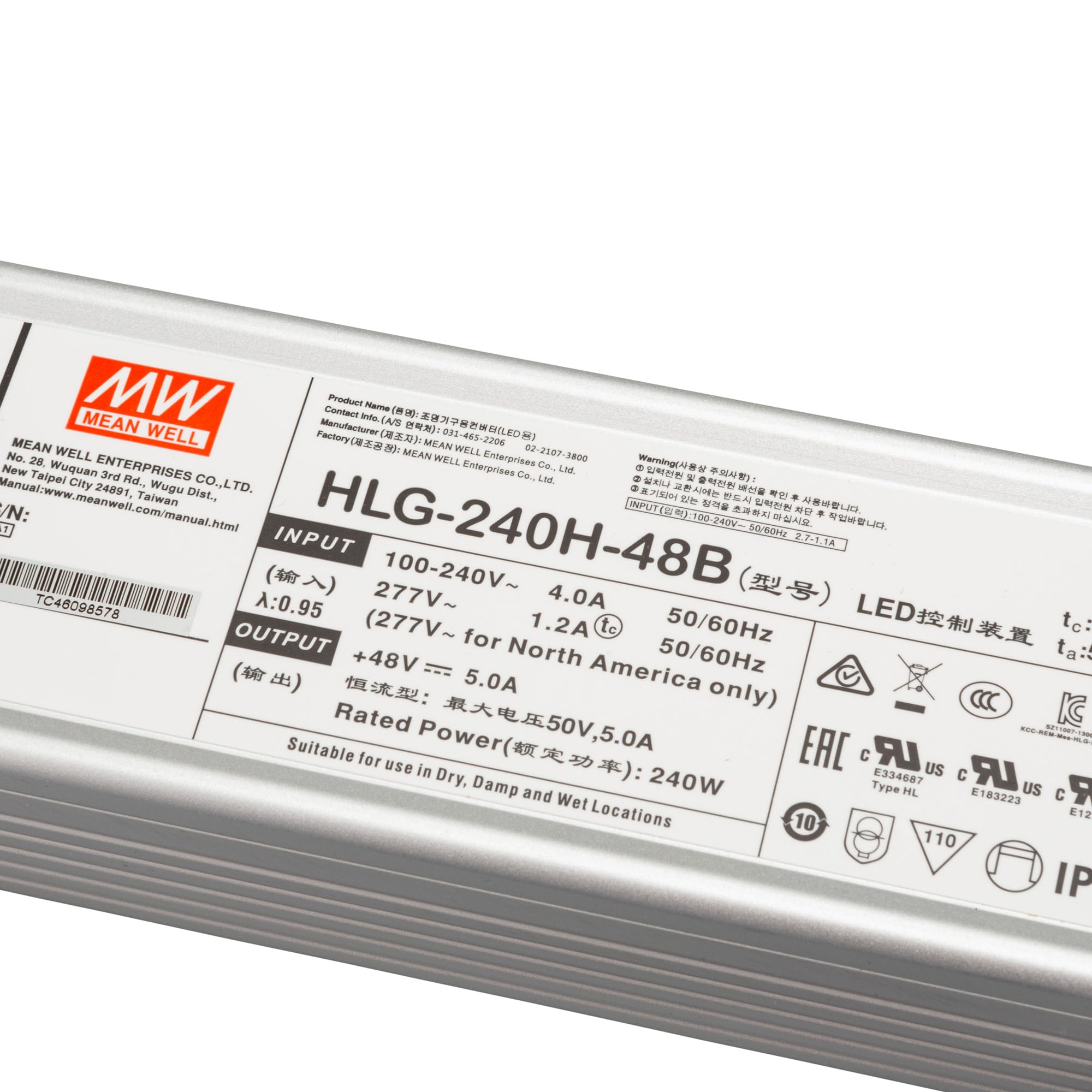Mean Well HLG-240H-48B - Driver LED, trasformatore a tensione costante, 240 W, 5 A, 24-48 V/DC