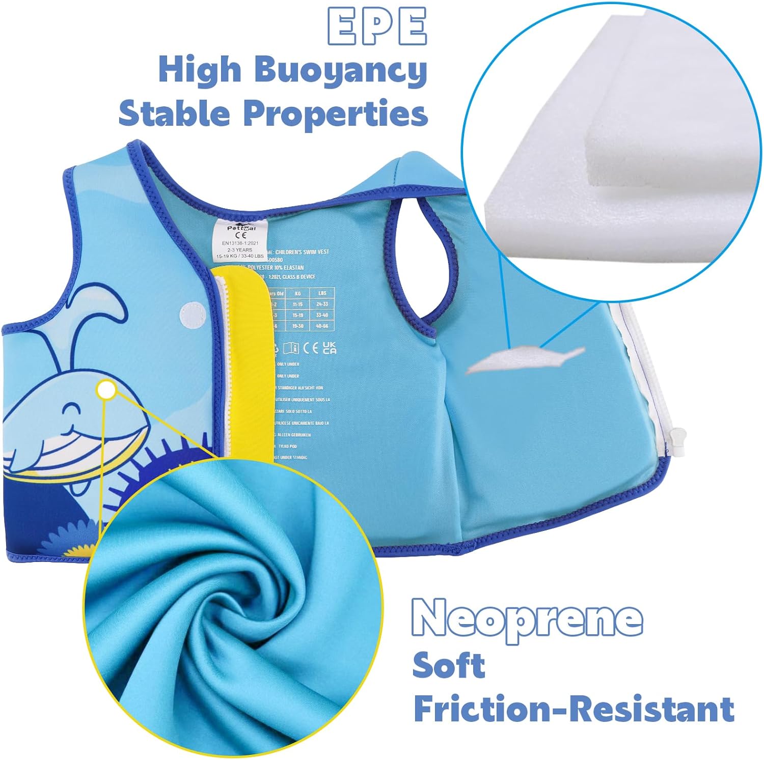 Pottwal Swim Vest for Kids - Swim Jacket - Made of Neoprene & EPE - with Adjustable Crotch Strap