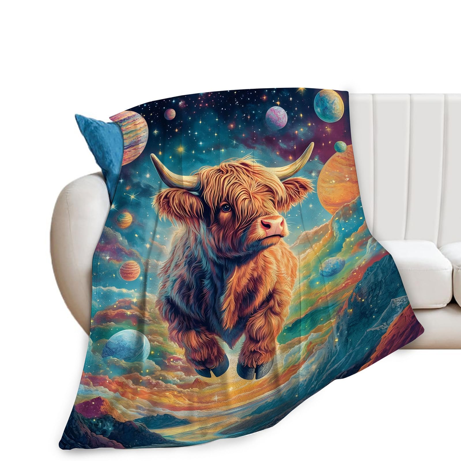 Highland Cow Throw Blanket Highland Cattle Blanket Gifts Space Universe Galaxy Planet Pictures Blanket Plush Fleece Warm Lightweight Highland Cow Blanket Decor for Living Room Couch Dorm 40"x50"