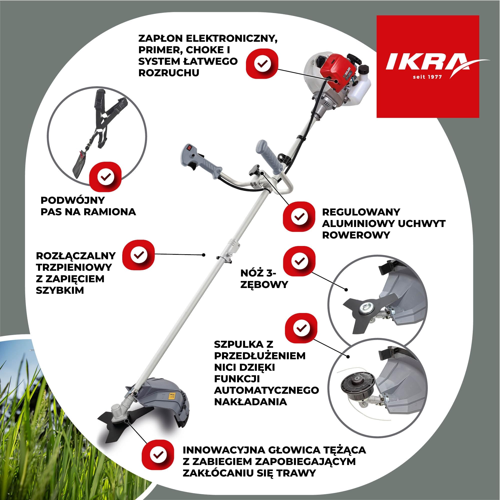 IKRA Podkaszarka spalinowa IBF 43 szpula żyłkowa,trójząb i pasek | Silnik 2-suwowy 42,7 cm³ i 1,1 kW,ochrona przed owijaniem trawy,beznarzędziowa wymiana filtra,regulowany uchwyt