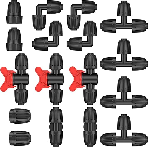 Pawfly Kit de accesorios de riego por goteo de 17 piezas para tubos de 12 pulgada, conectores de línea de goteo de púas con 4 T, 2 acoplamientos