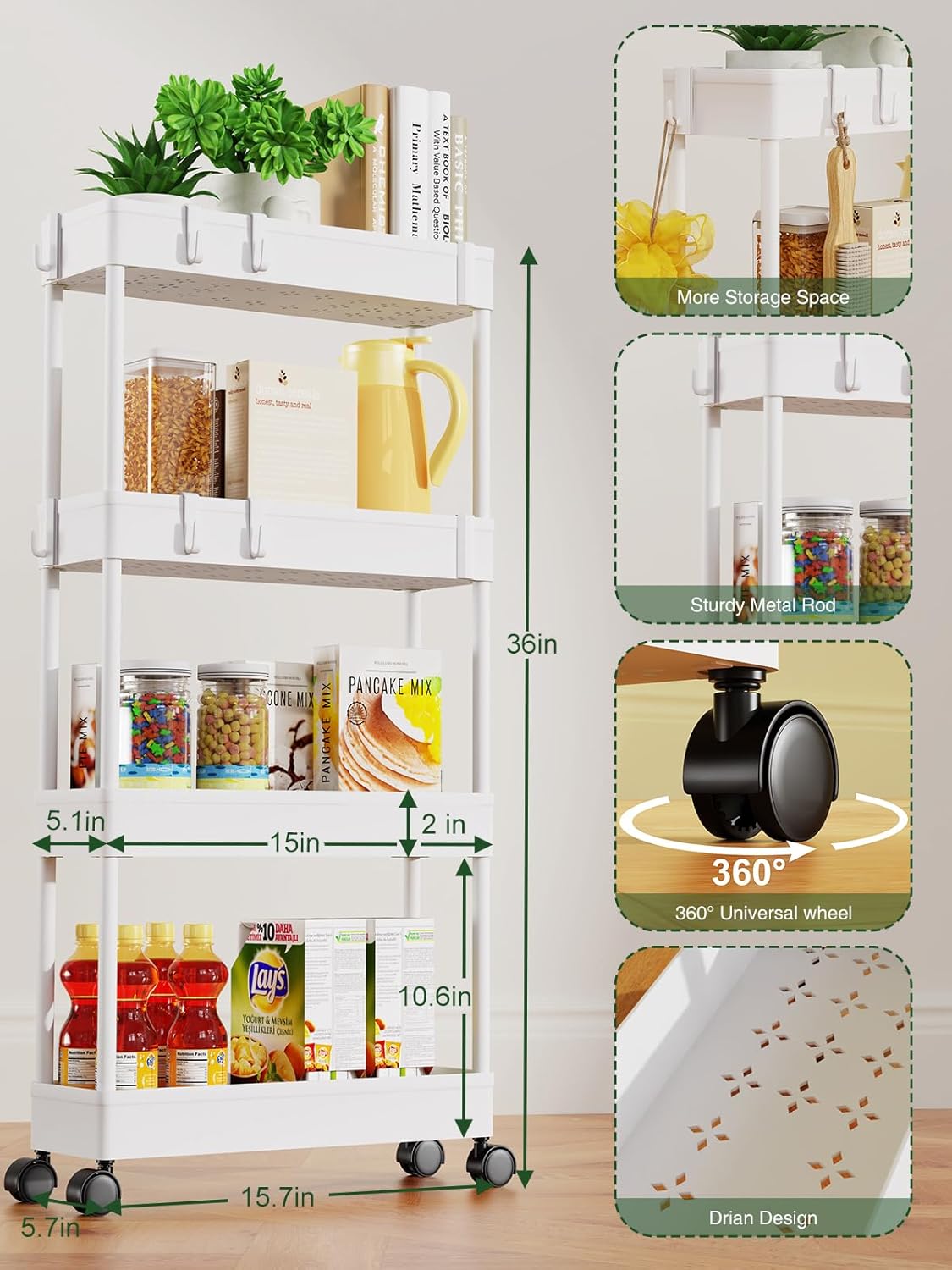 LEHOM 5.1" Slim Storage Cart - 4 Tiers Bathroom Organizer Mobile Shelving Unit Storage Rolling Utility Cart Slide Out Organizer for Kitchen Bathroom Laundry Narrow Places, White