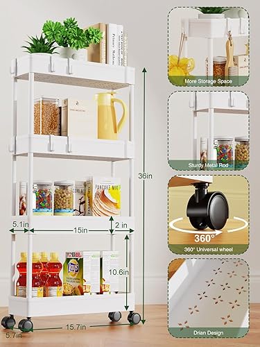 Miniatura 3 de LEHOM Carrito de almacenamiento delgado de 5.1 pulgadas, organizador de baño de 4 niveles, estantería móvil, carrito rodante, organizador deslizante